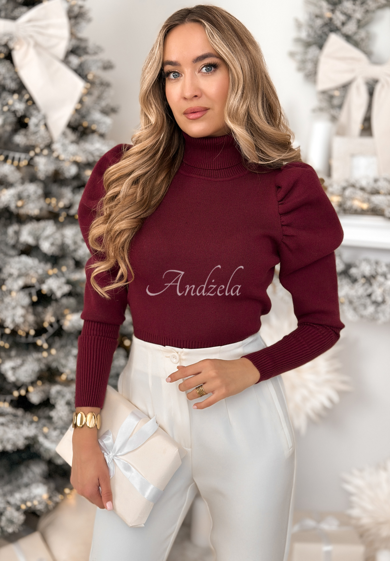 Gerippte Rollkragenbluse mit Puffärmeln Amiria Burgunderrot