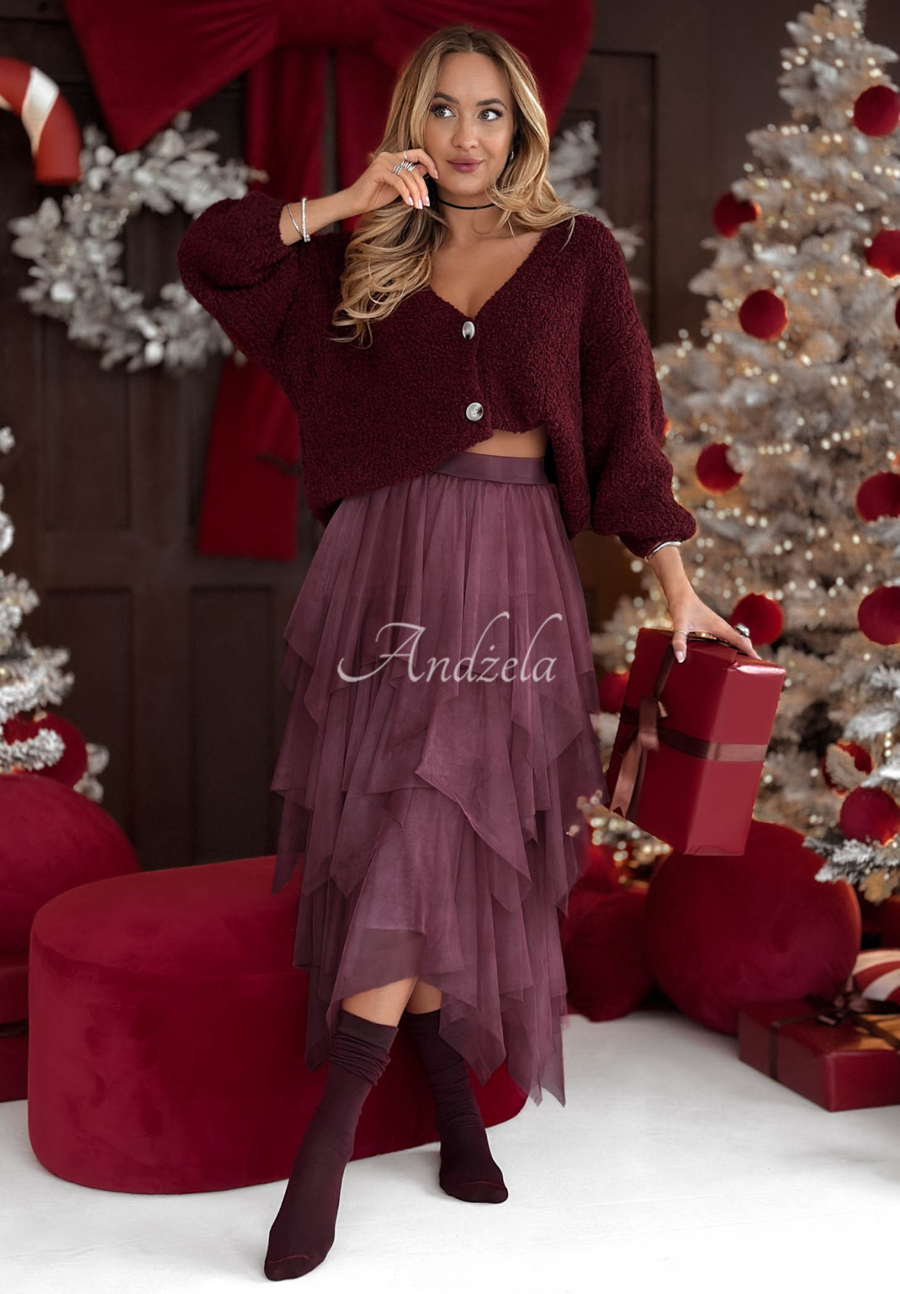 Midirock aus Tüll Elisabeth Burgunderrot