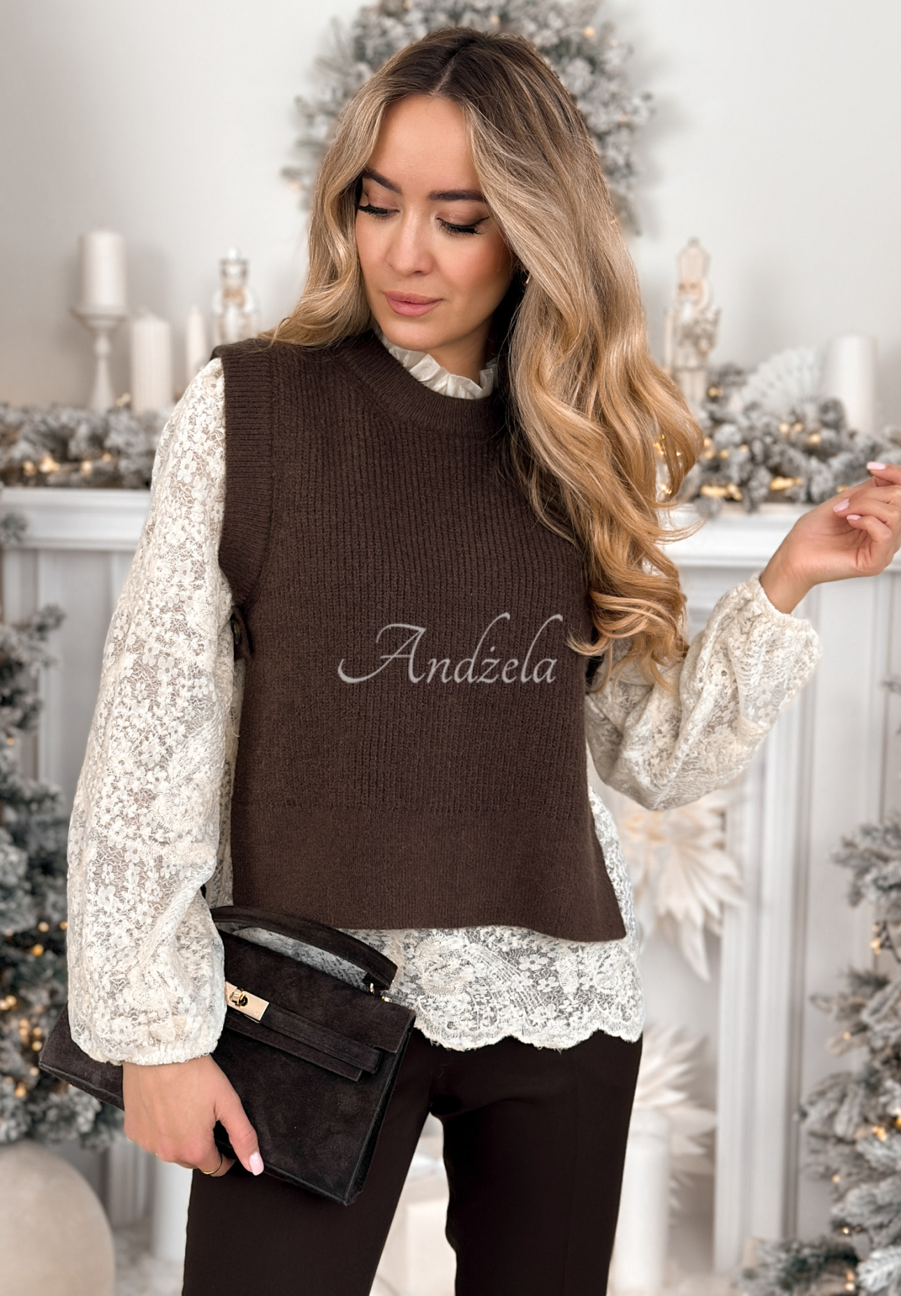 Bestickte Bluse mit Weste Latte Dates Vanille-schokoladenbraun