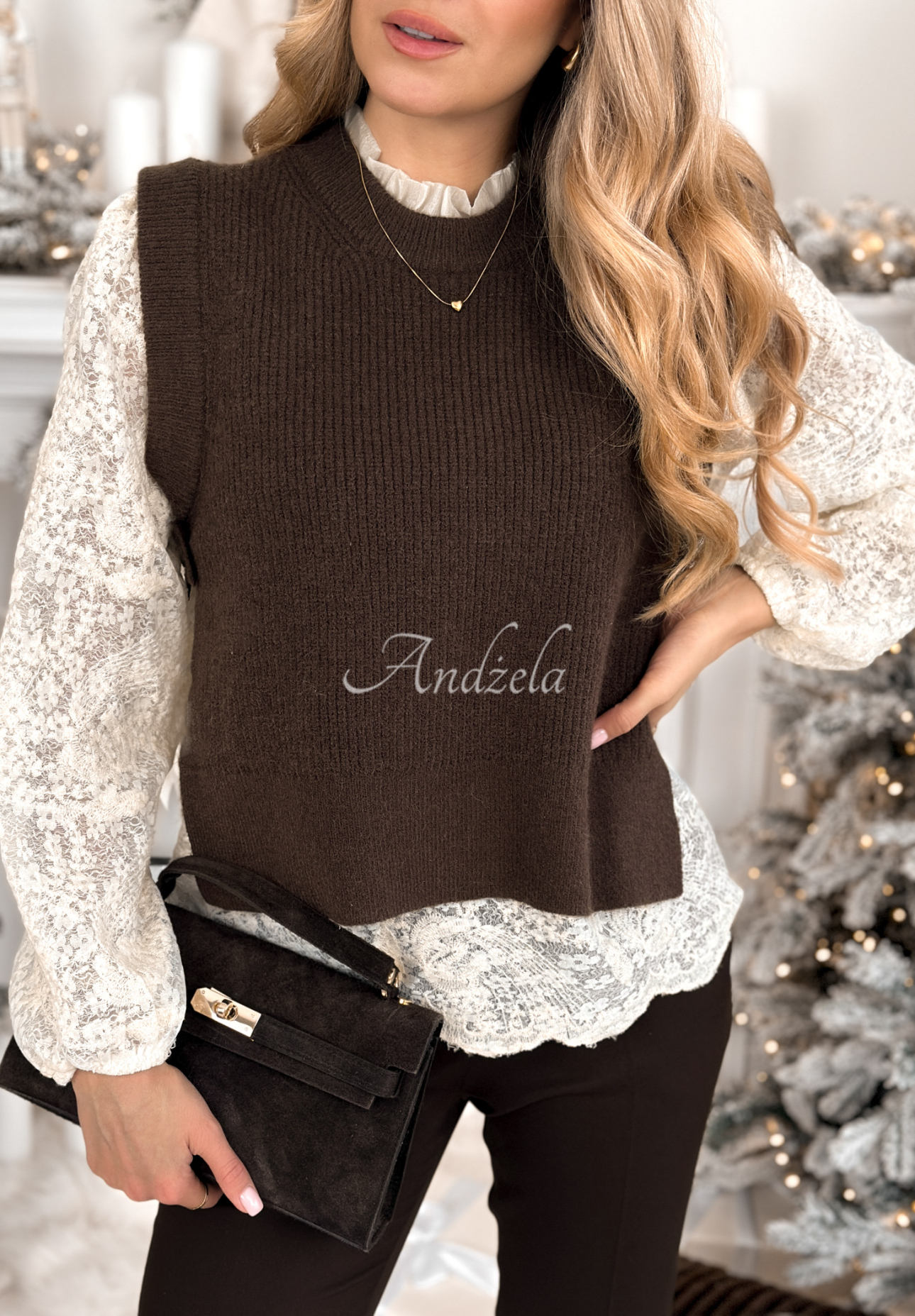 Bestickte Bluse mit Weste Latte Dates Vanille-schokoladenbraun