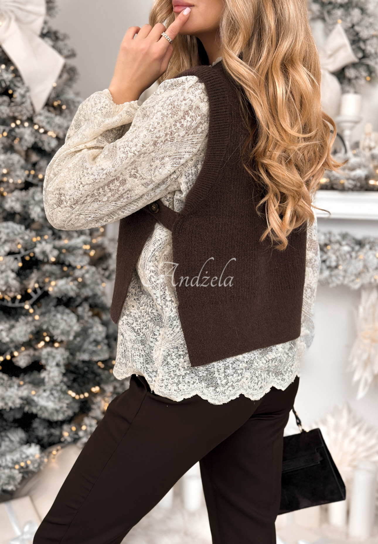 Bestickte Bluse mit Weste Latte Dates Vanille-schokoladenbraun