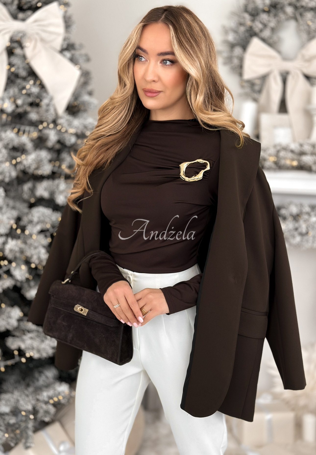 Bluse mit Raffungen und dekorativen Applikationen No Feelings Schokoladenbraun