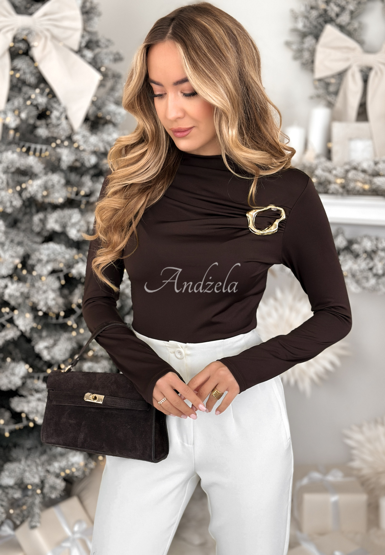 Bluse mit Raffungen und dekorativen Applikationen No Feelings Schokoladenbraun