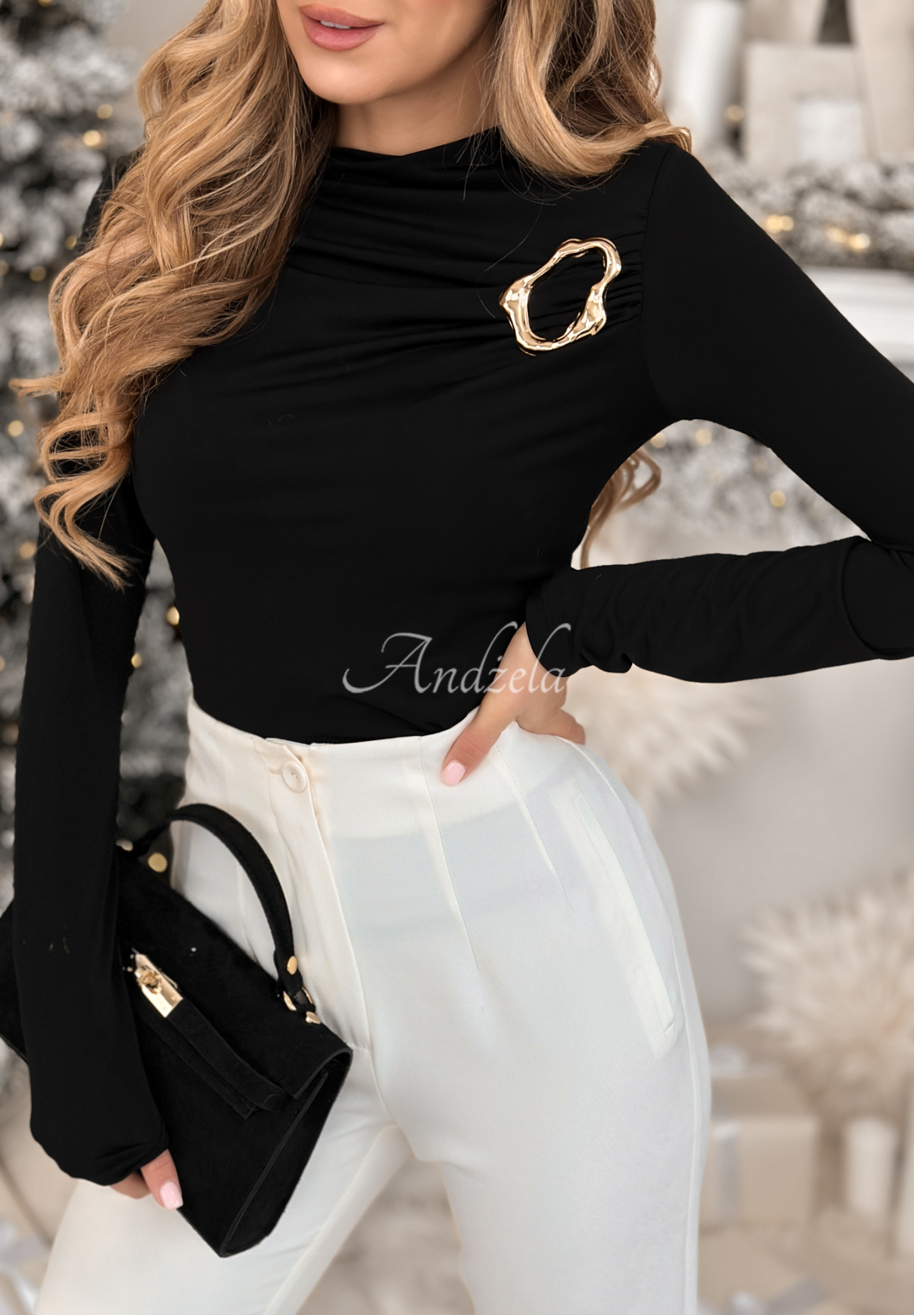 Bluse mit Raffungen und dekorativen Applikationen No Feelings Schwarz