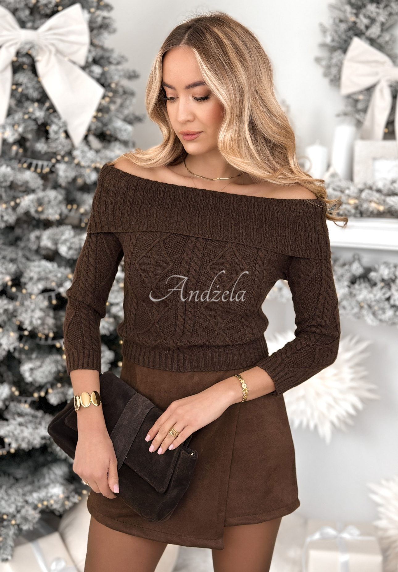 Viskosepullover off shoulder Family Time Schokoladenbraun