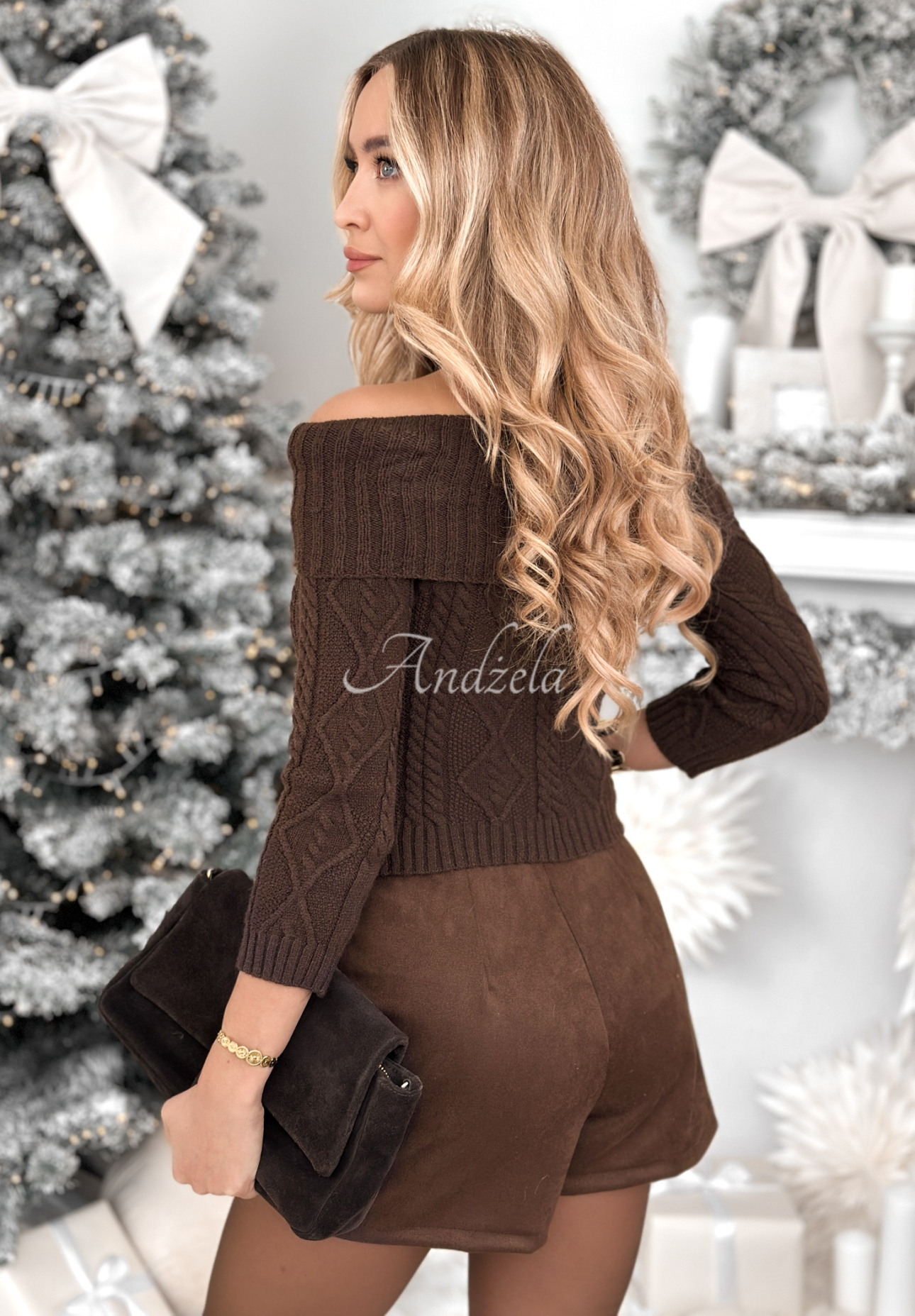 Viskosepullover off shoulder Family Time Schokoladenbraun