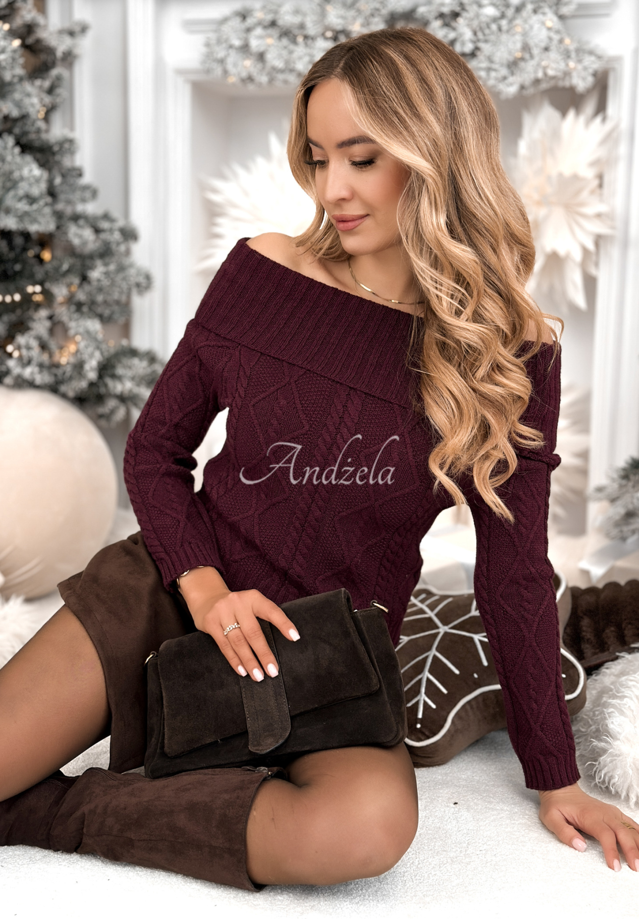 Viskosepullover off shoulder Family Time Burgunderrot