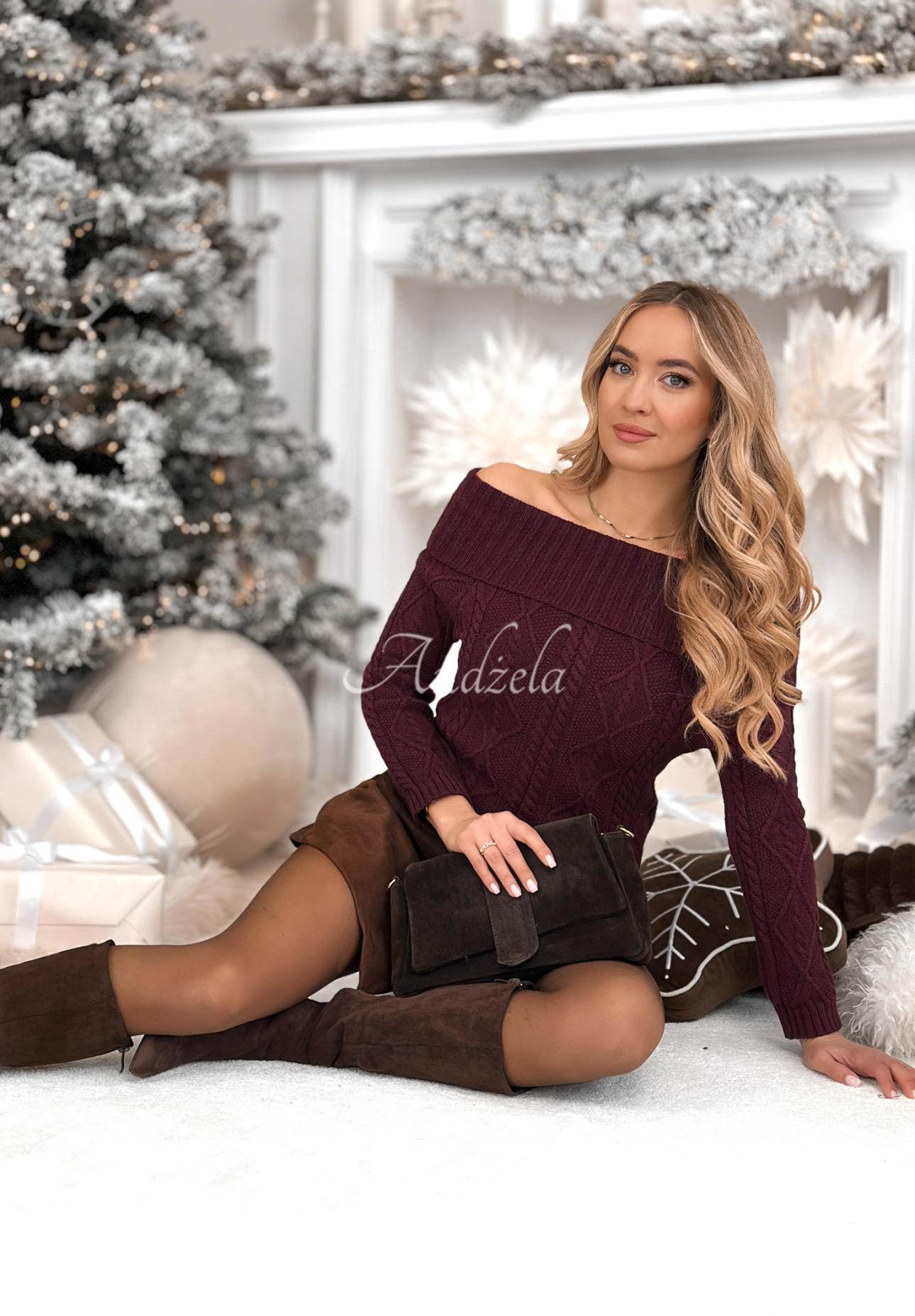 Viskosepullover off shoulder Family Time Burgunderrot