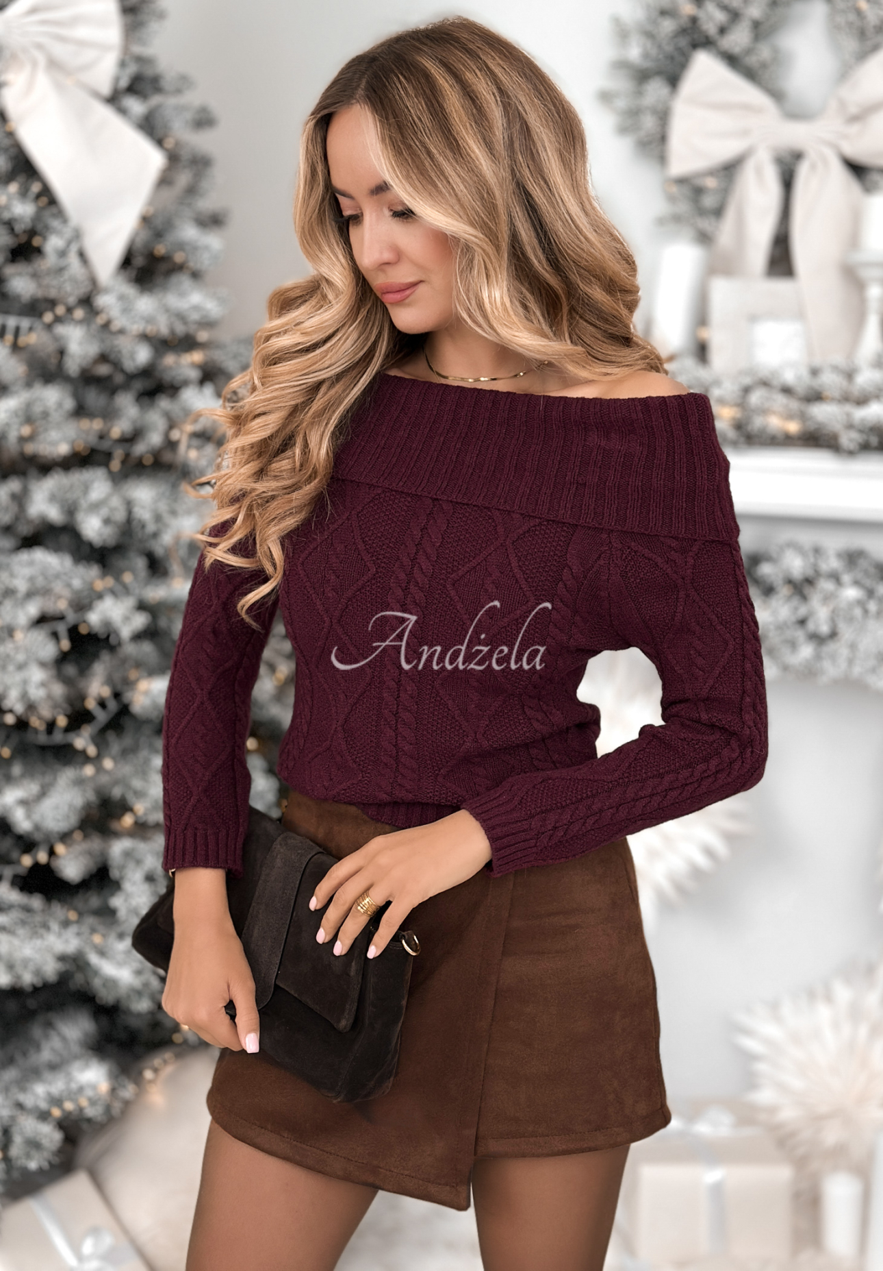 Viskosepullover off shoulder Family Time Burgunderrot