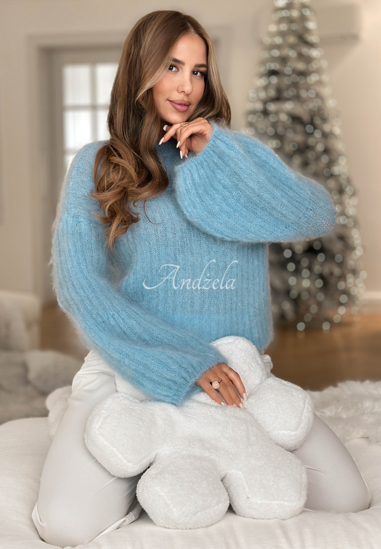 Weicher Mohairpullover mit weiten Ärmeln Cotton Candy Himmelblau