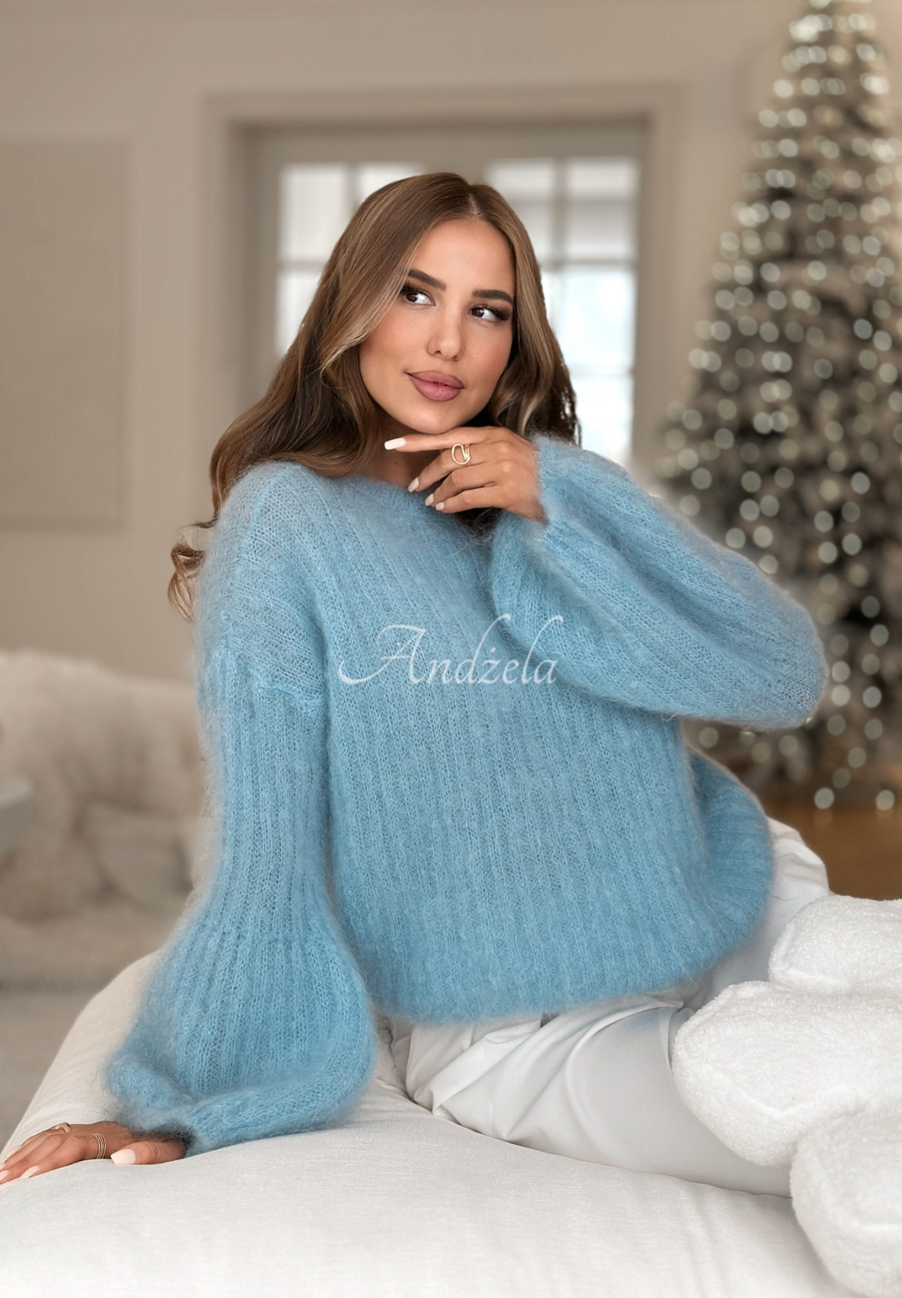 Weicher Mohairpullover mit weiten Ärmeln Cotton Candy Himmelblau