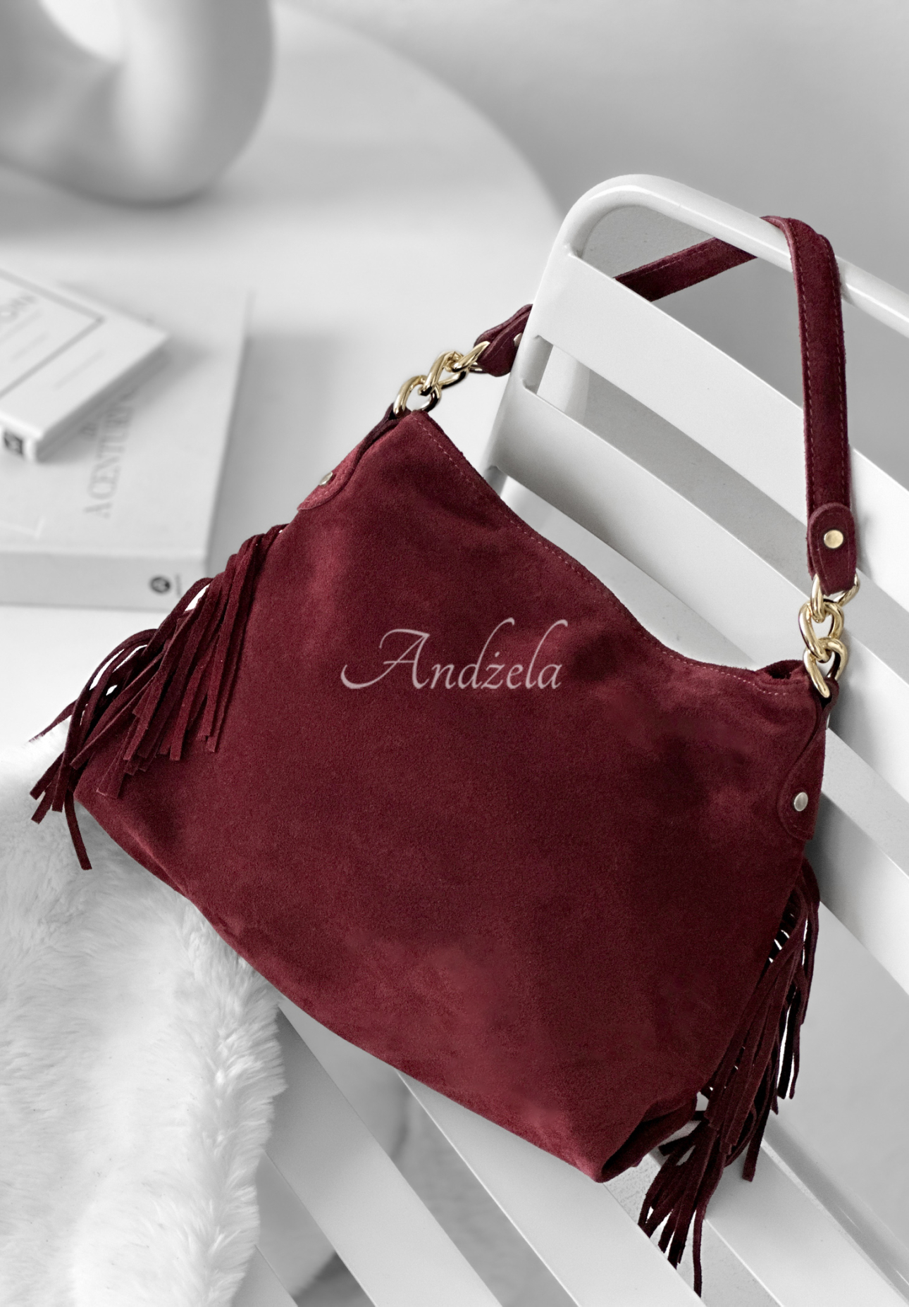 Suede handbag with tassels Final Message burgundy