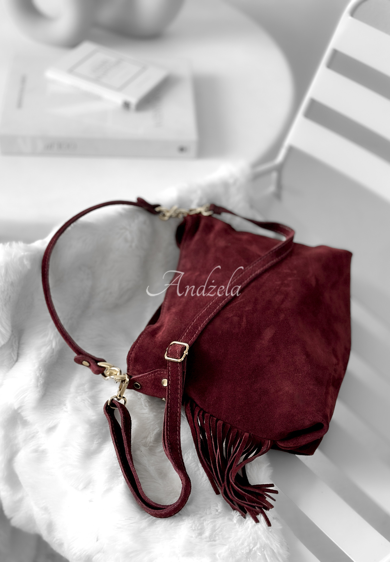 Wildledertasche mit Fransen Final Message Burgunderrot