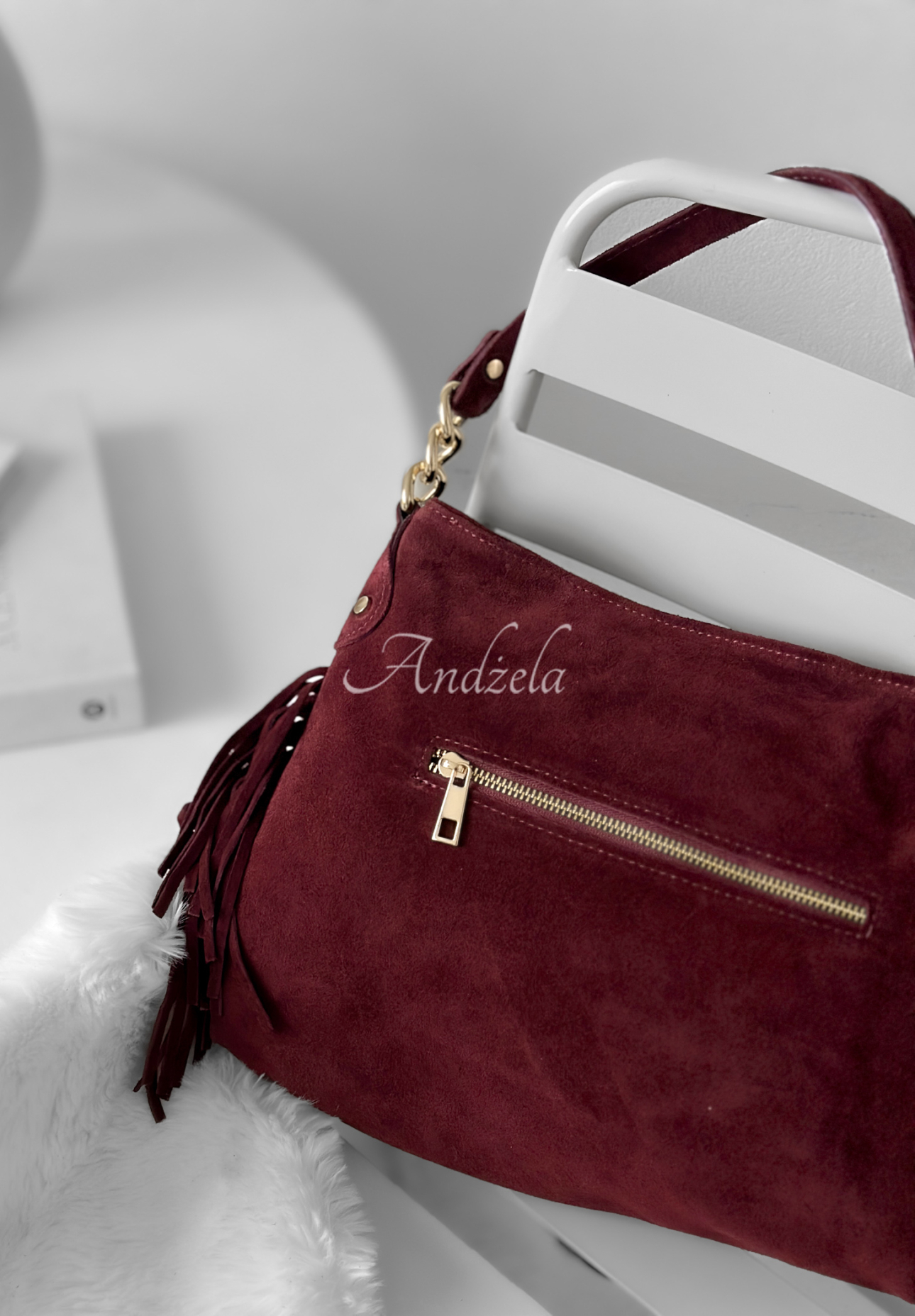 Suede handbag with tassels Final Message burgundy