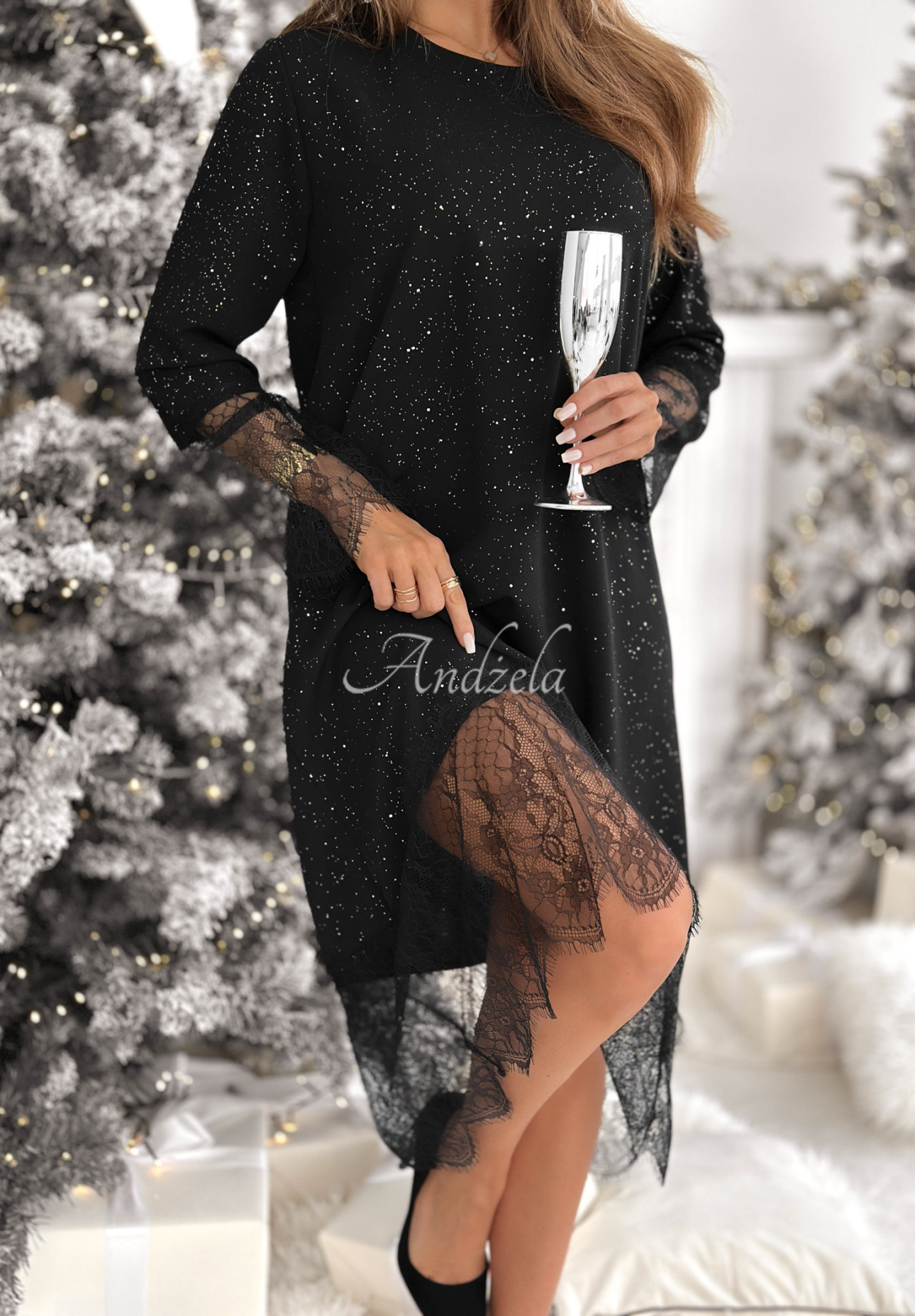 Glänzendes Midikleid mit Spitze Ask Me Later Schwarz