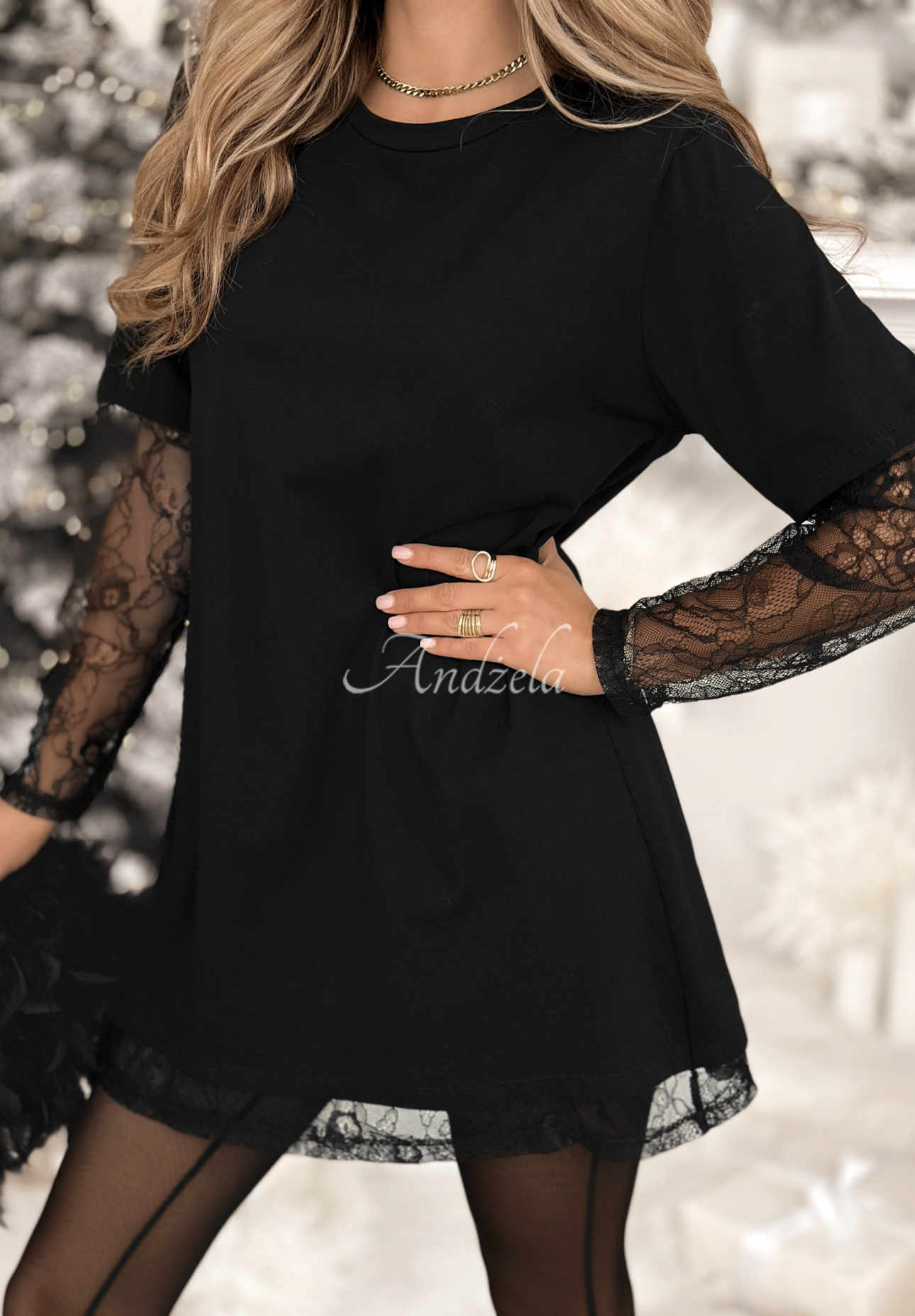 T-Shirt-Tunika mit Spitze Modern Touch Schwarz
