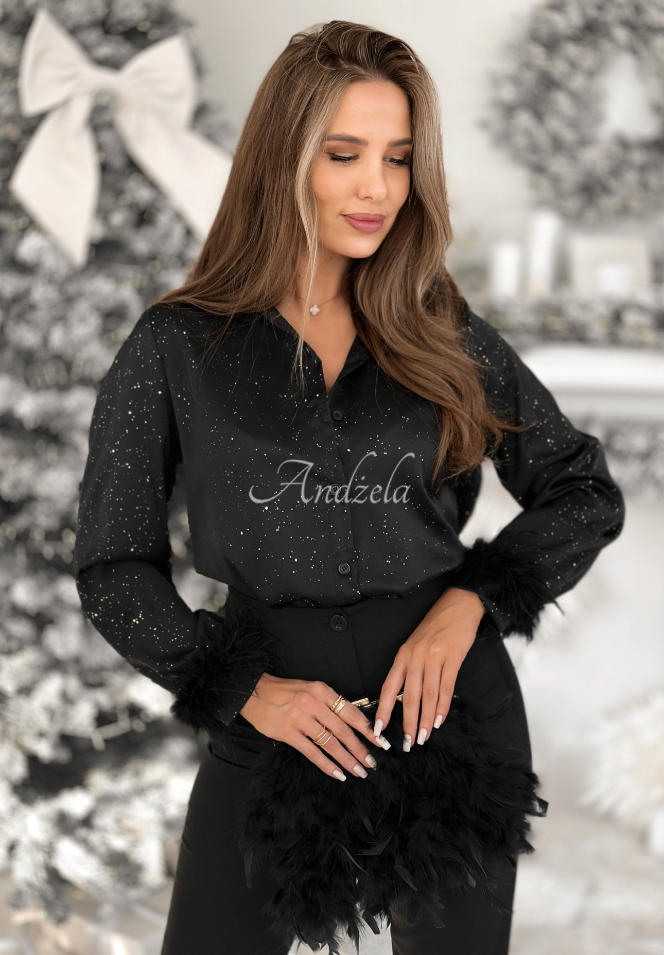 Glänzendes Hemd mit Federn Shine Forever Schwarz