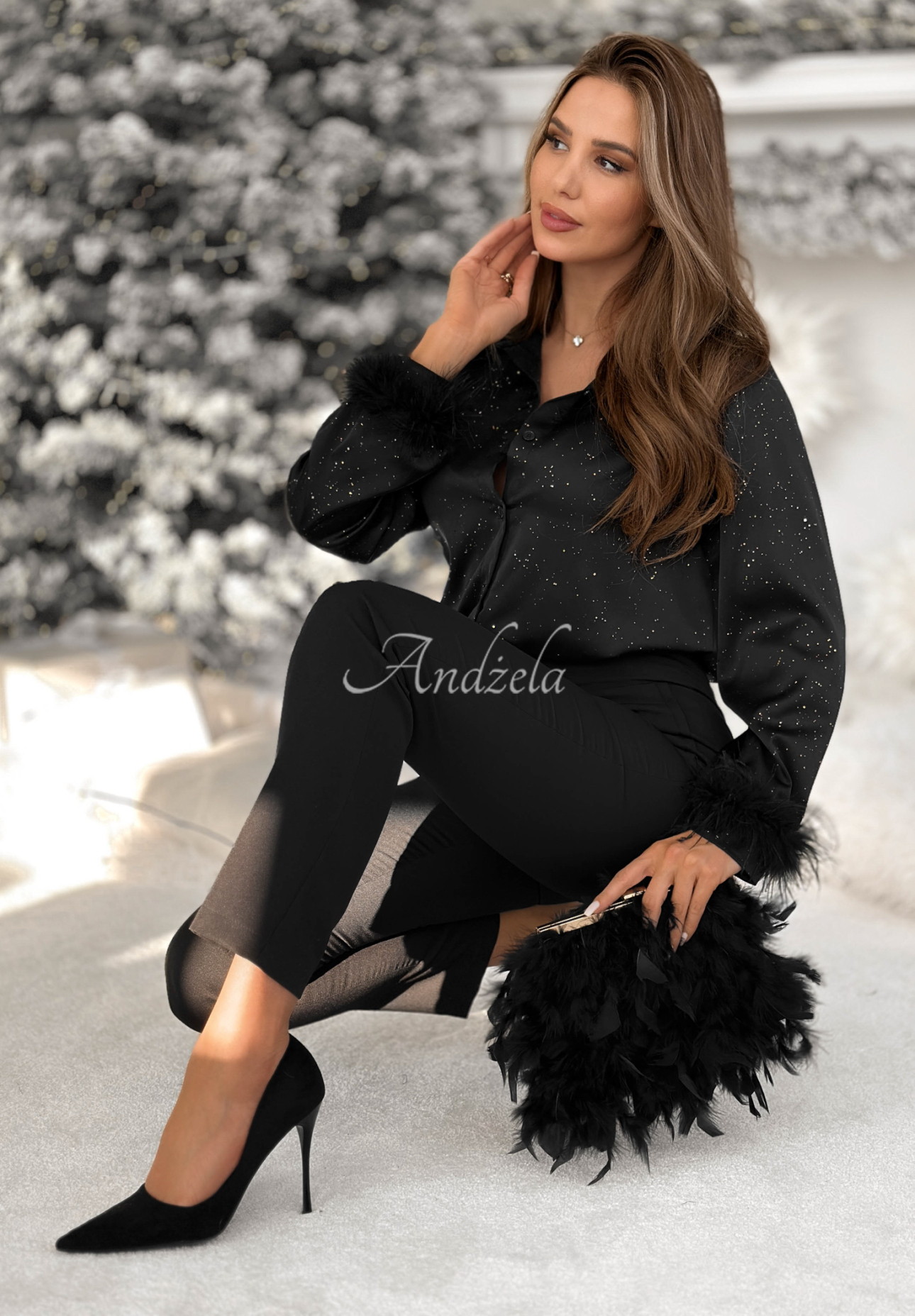 Glänzendes Hemd mit Federn Shine Forever Schwarz