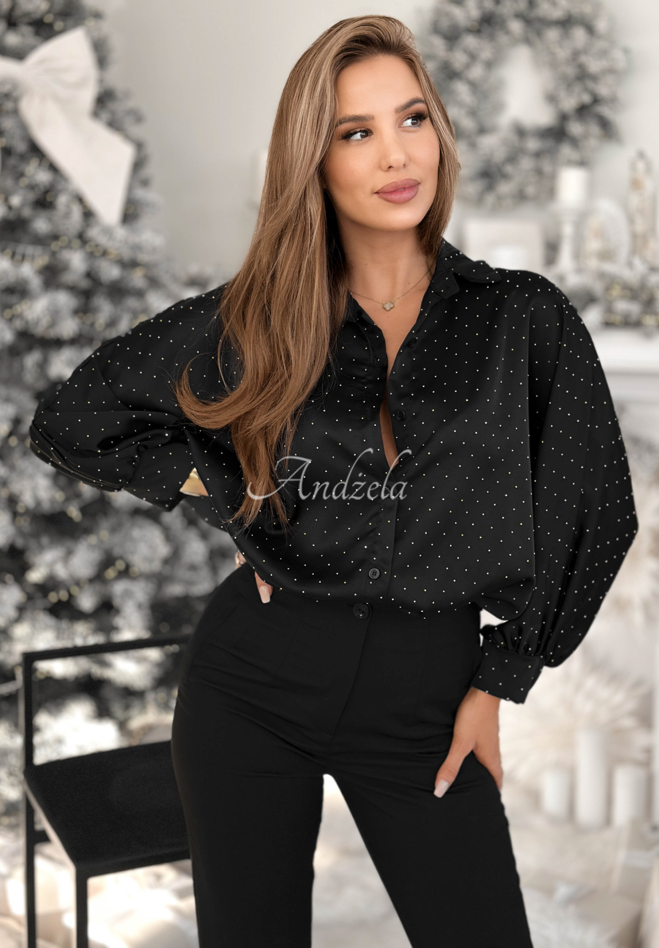 Viskosehemd mit Kristallen Crystal Brilliance Schwarz