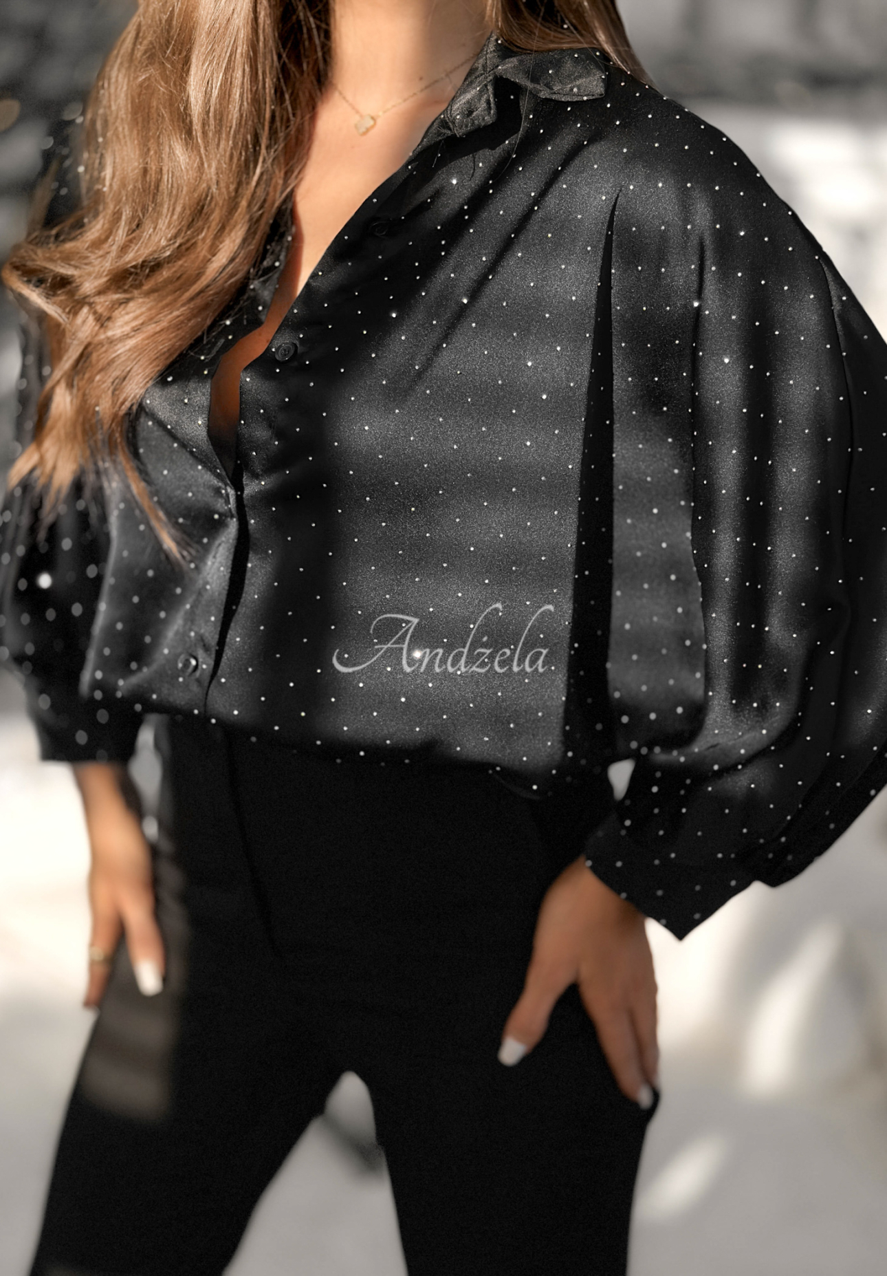 Viskosehemd mit Kristallen Crystal Brilliance Schwarz