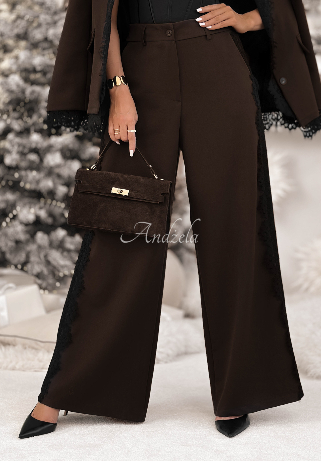 Hose wide leg mit Spitze und Viskose Grace Moment Schokoladenbraun
