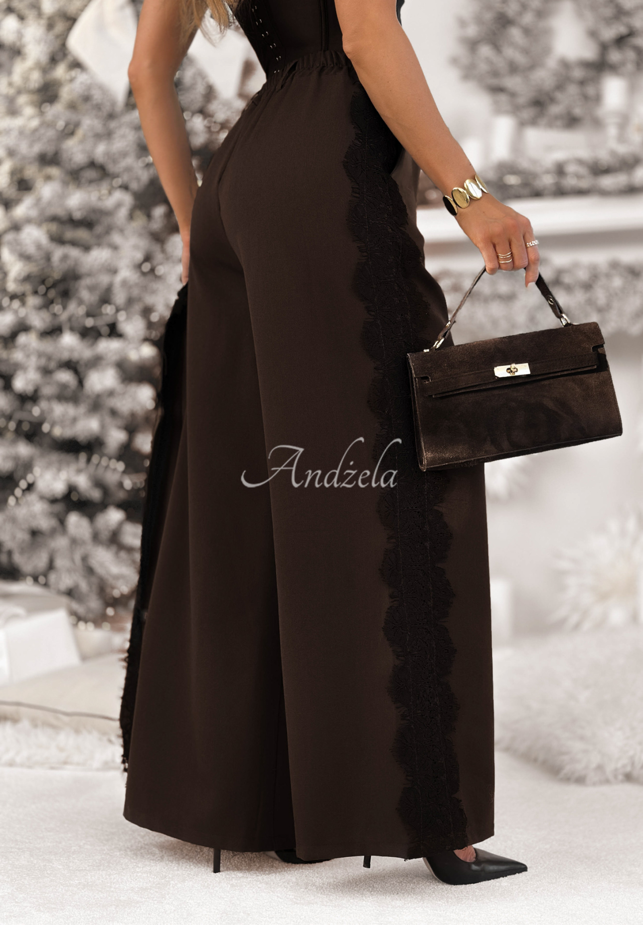 Hose wide leg mit Spitze und Viskose Grace Moment Schokoladenbraun