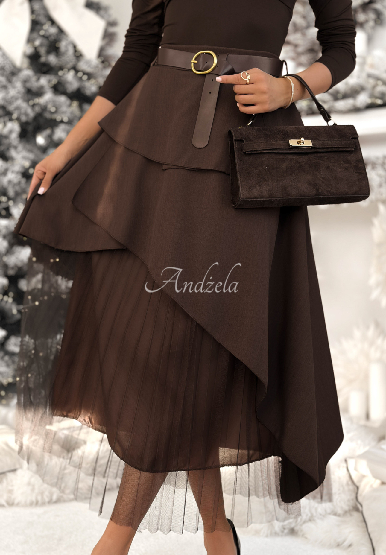 Plissierter Rock mit Gürtel Change You Wish Schokoladenbraun