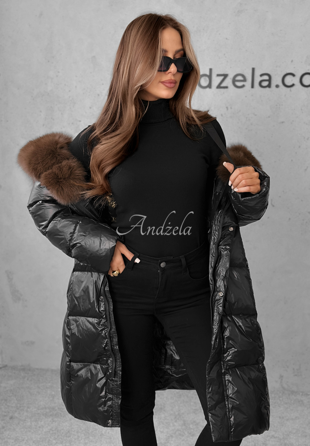 Lange Daunenjacke mit Pelz Winter Time Schwarz