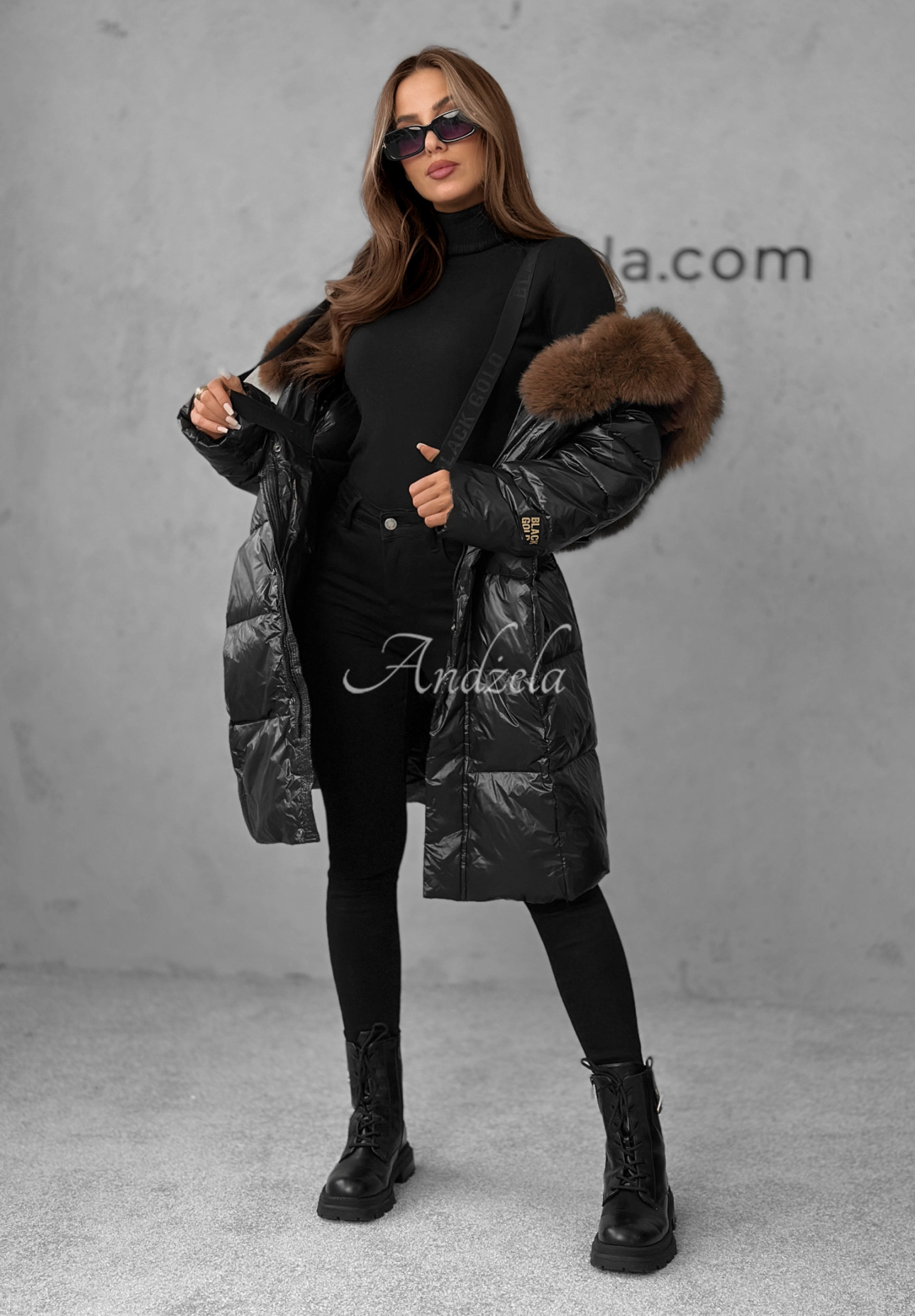 Lange Daunenjacke mit Pelz Winter Time Schwarz