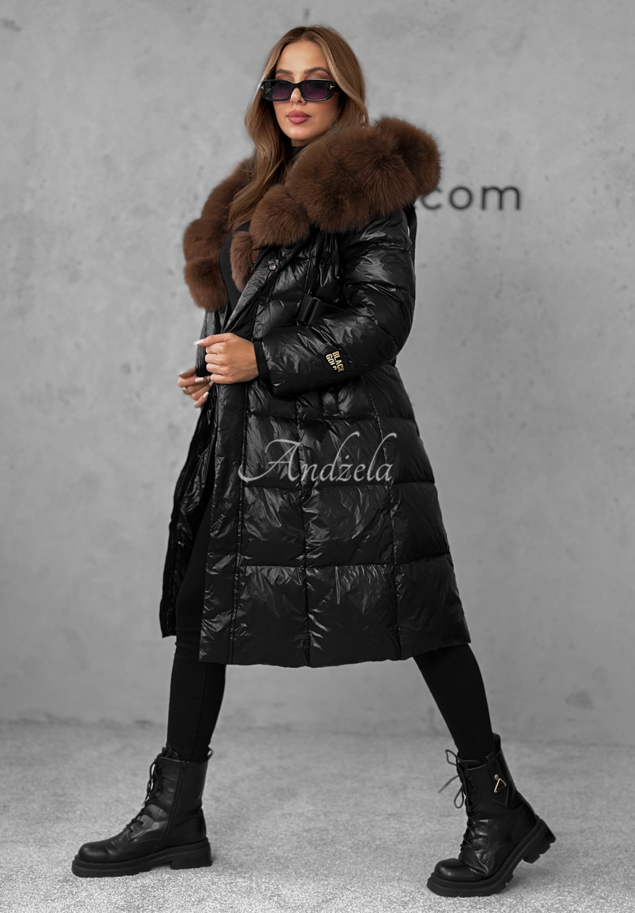 Lange Daunenjacke mit Pelz Winter Time Schwarz