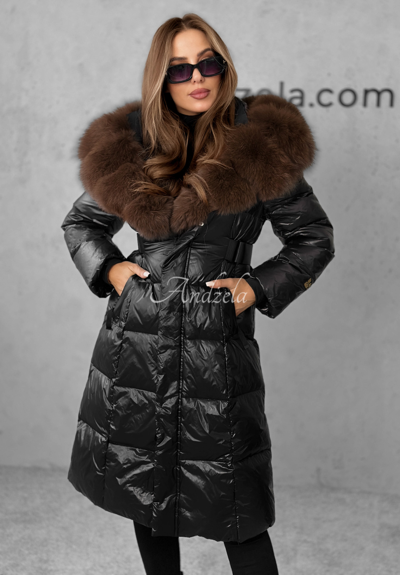 Lange Daunenjacke mit Pelz Winter Time Schwarz