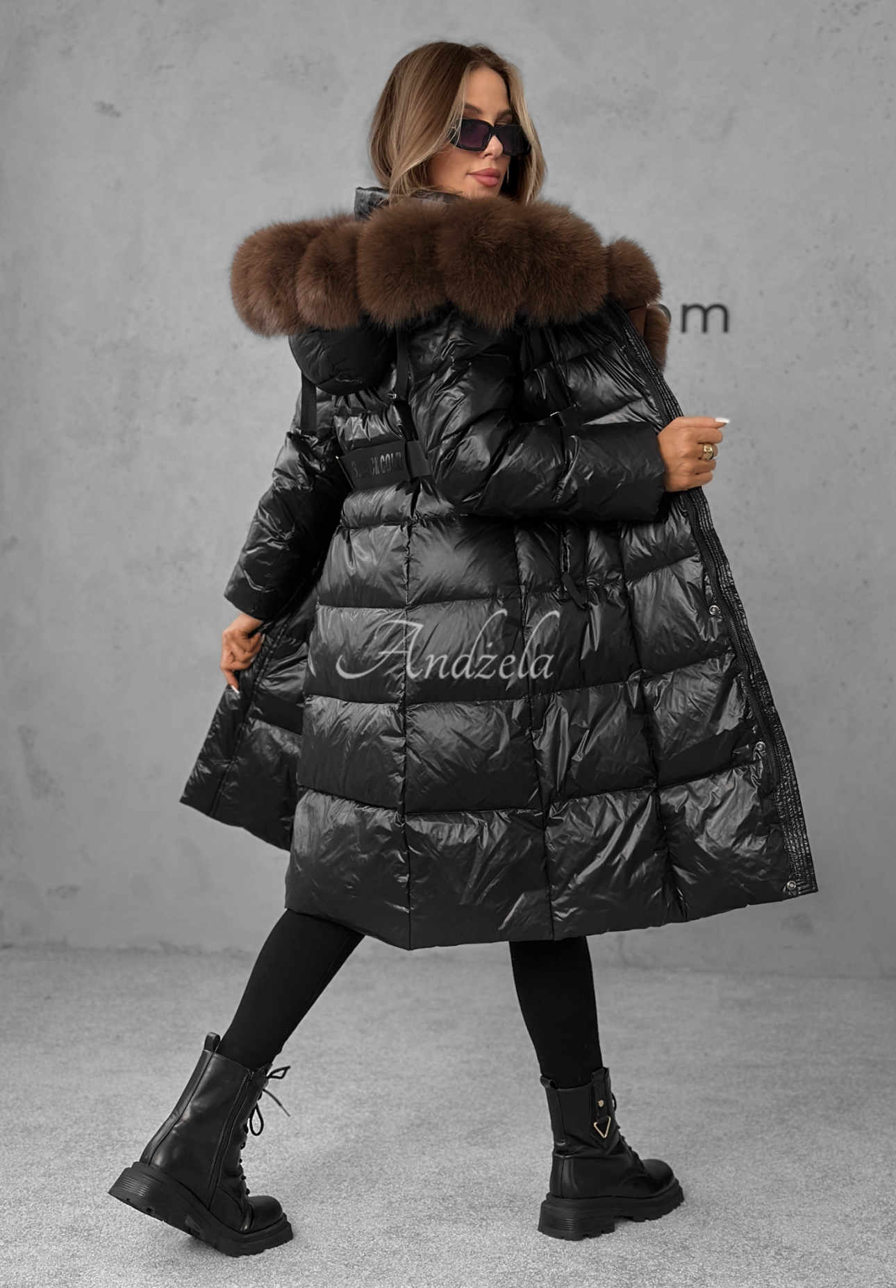 Lange Daunenjacke mit Pelz Winter Time Schwarz