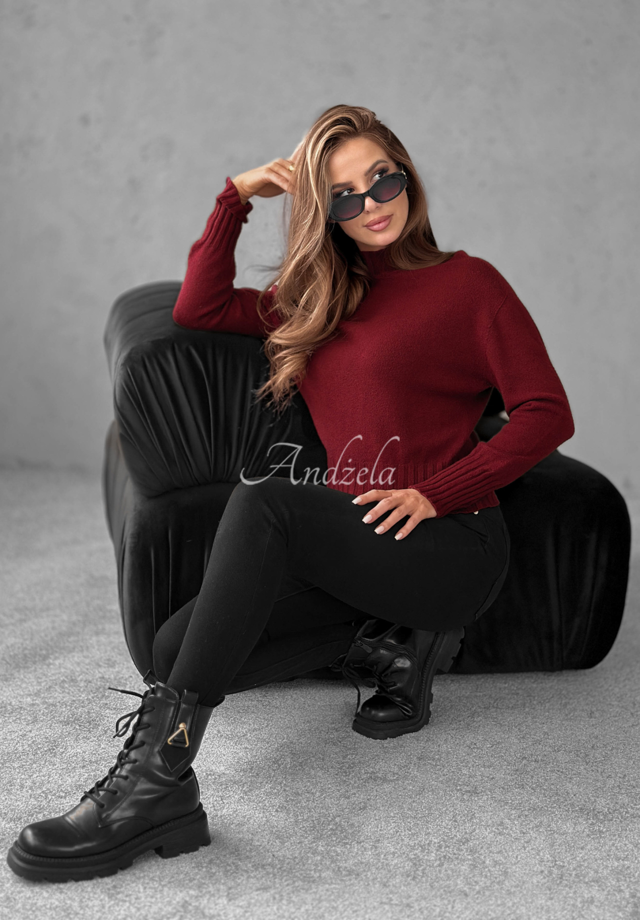 Kurzer Rollkragenpullover aus Viskose Single Snowflake Burgunderrot