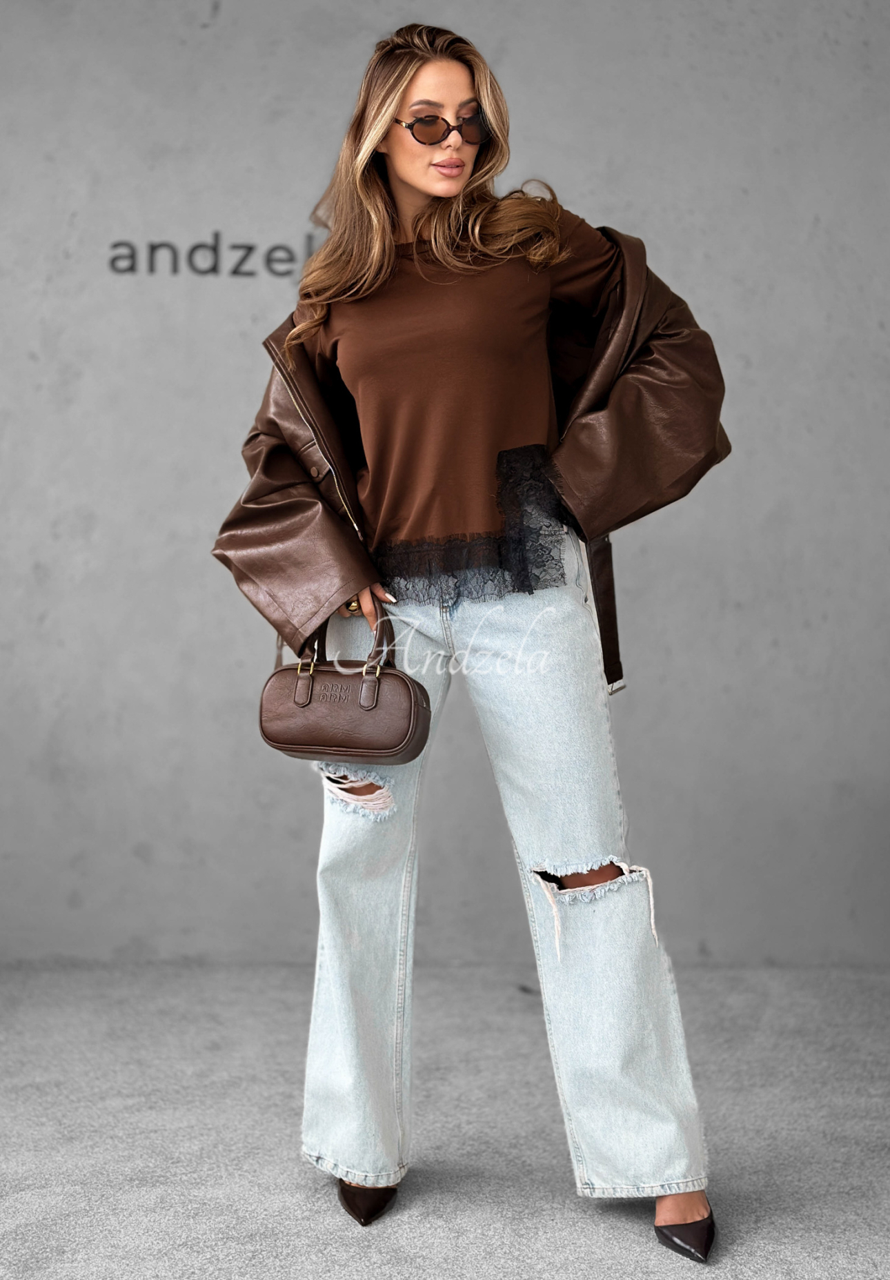 Viskose-T-Shirt mit Spitze Daily Lace Schokoladenbraun