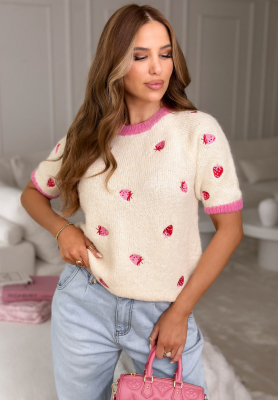 Weicher Erdbeerpullover aus Viskose Summer Fruits wei&szlig;-rosa