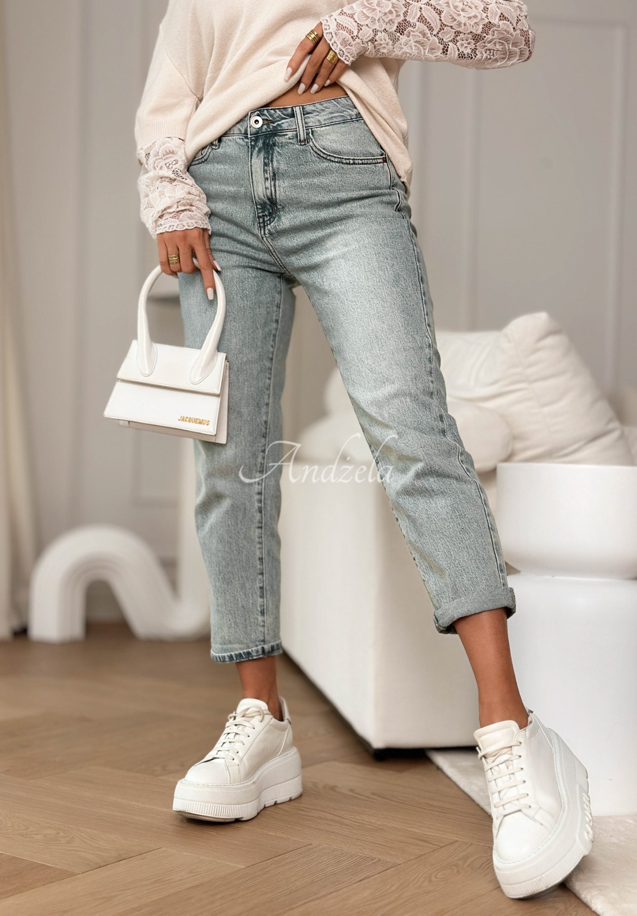 Jeans mom fit pants with belt Before I Go light blue