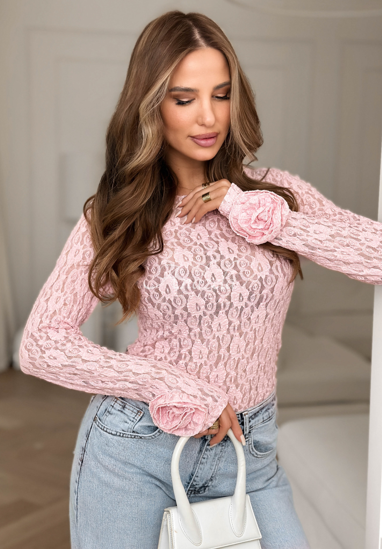 Spitzenbluse longsleeve mit Rosen Lace & Roses Puderrosa