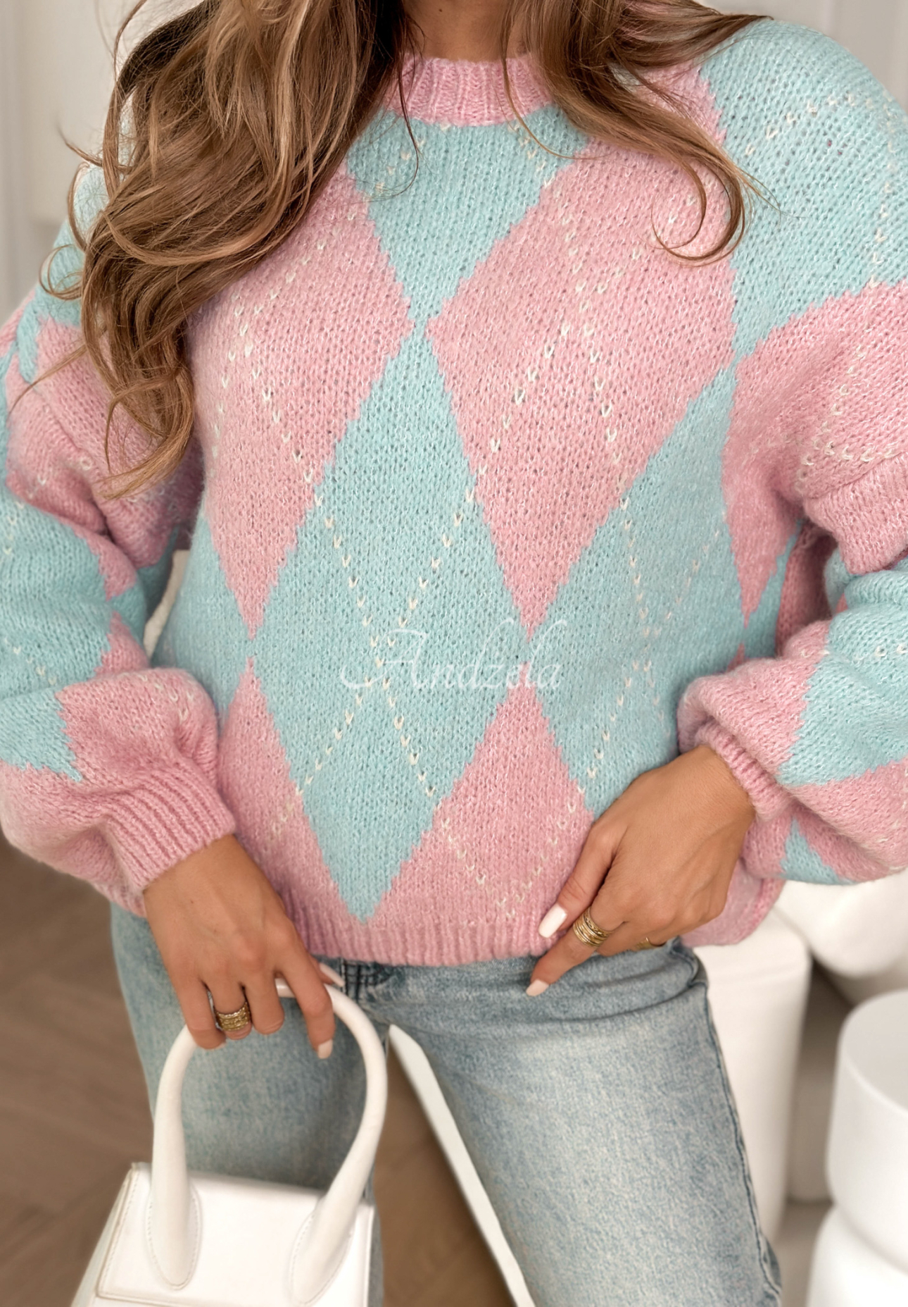 Weicher Pullover mit Rautenmuster mit Wolle und Viskose The Most Beautiful rosa-blau