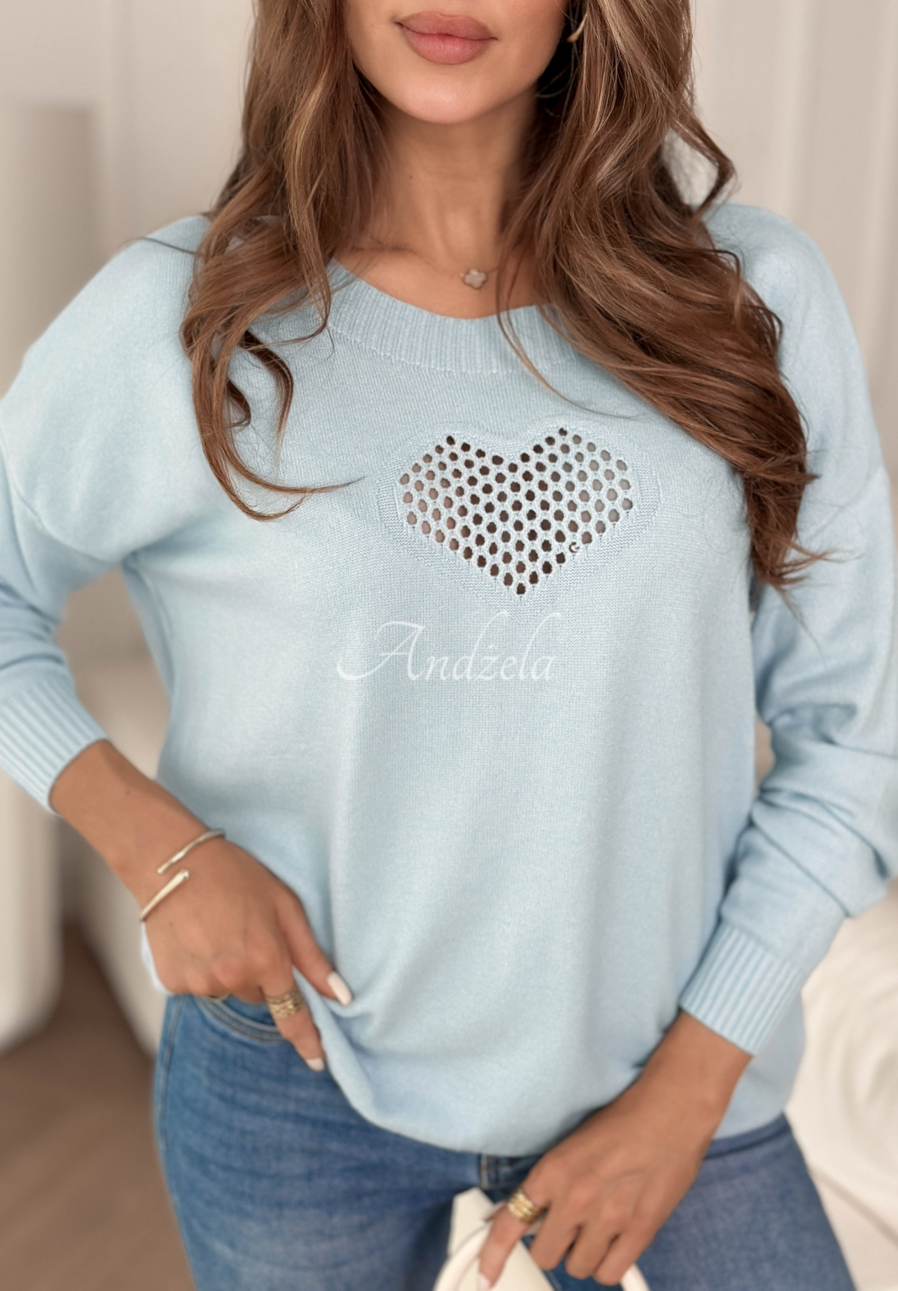 Leichter Viskose-Pullover mit durchbrochenem Herz From The Heart Himmelblau