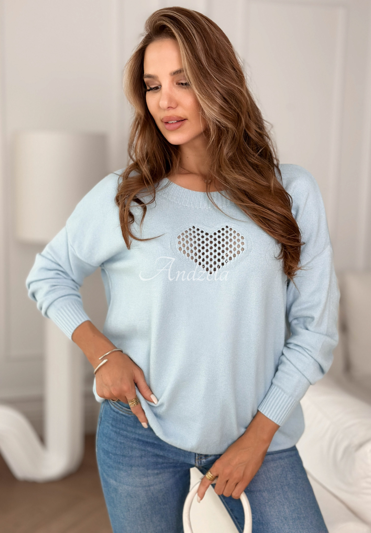 Leichter Viskose-Pullover mit durchbrochenem Herz From The Heart Himmelblau