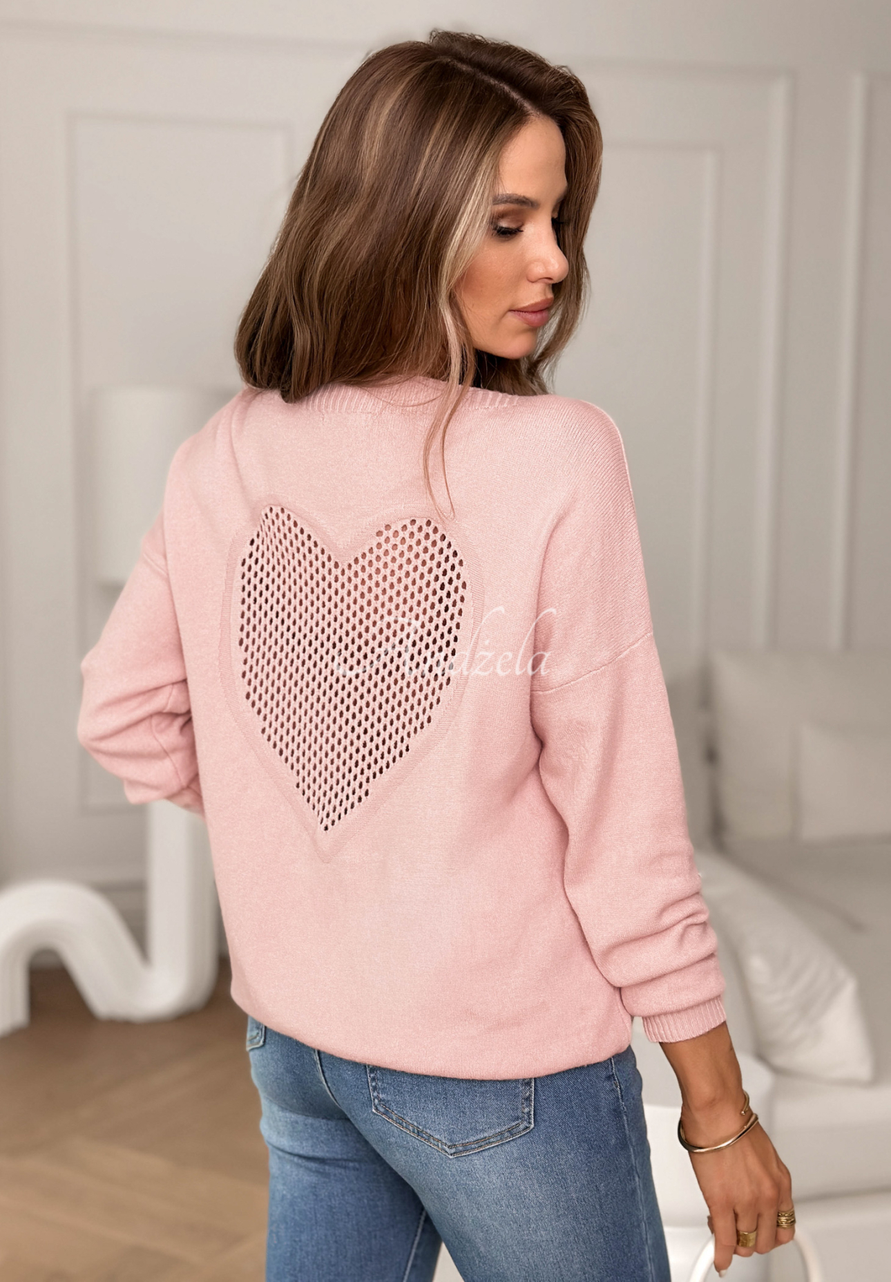 Leichter Viskose-Pullover mit durchbrochenem Herz From The Heart Puderrosa
