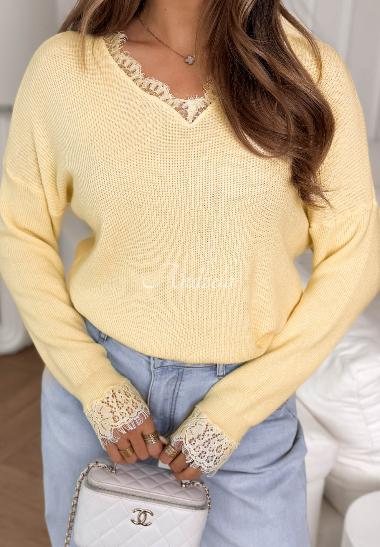 Lightweight viscose sweater with lace Till April yellow