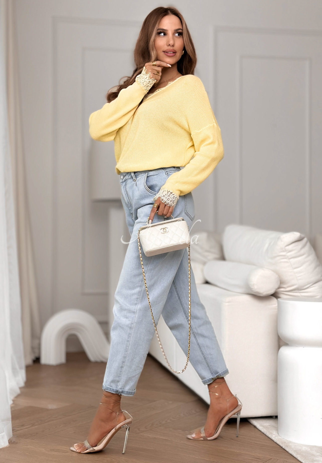 Lightweight viscose sweater with lace Till April yellow