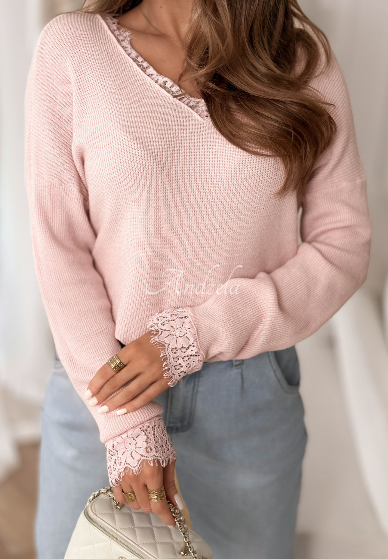 Leichter Pullover mit Viskose und Spitze Till April Puderrosa