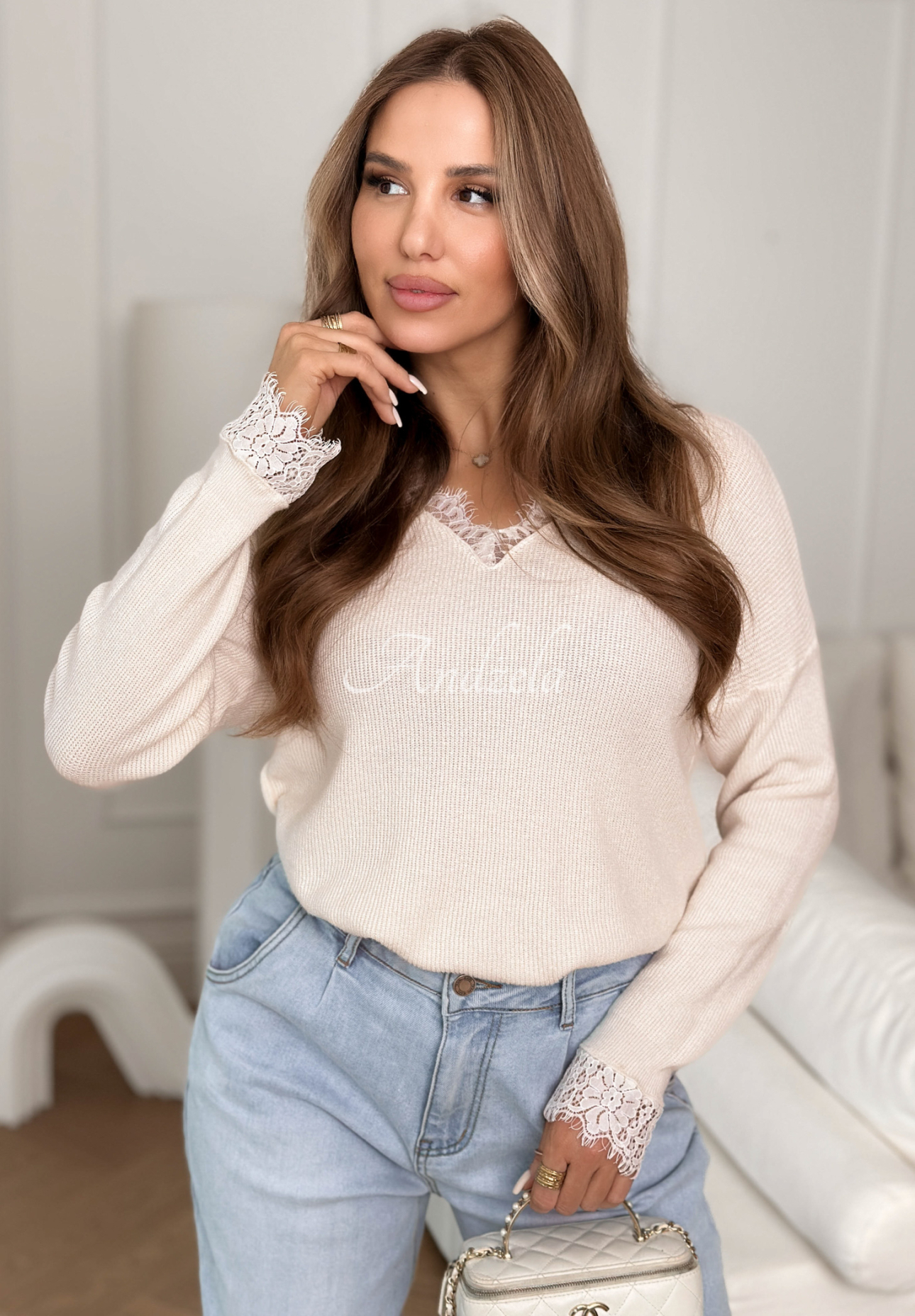 Lightweight viscose sweater with lace Till April beige
