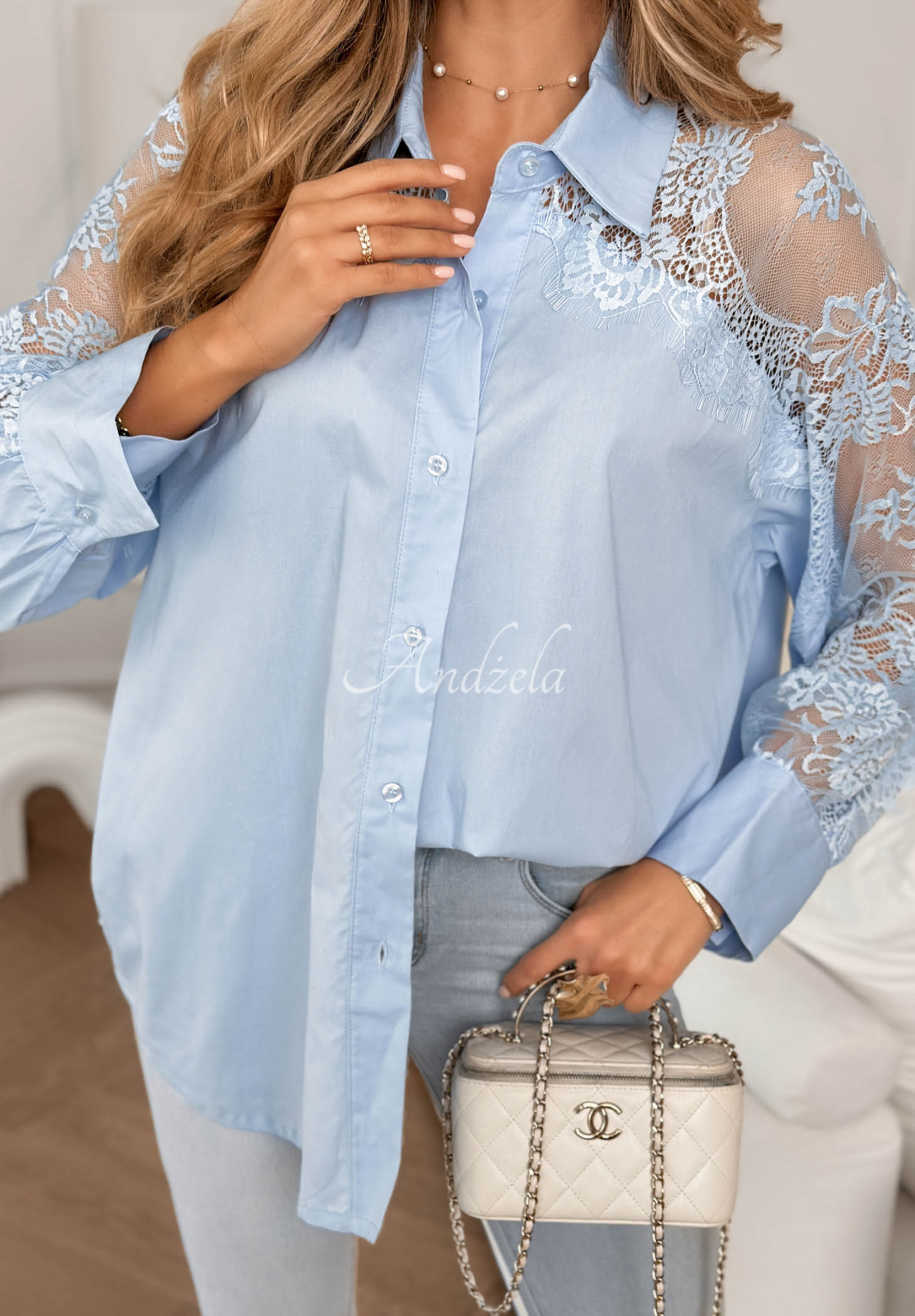 Baumwollhemd mit Spitze Touch of Lace Himmelblau
