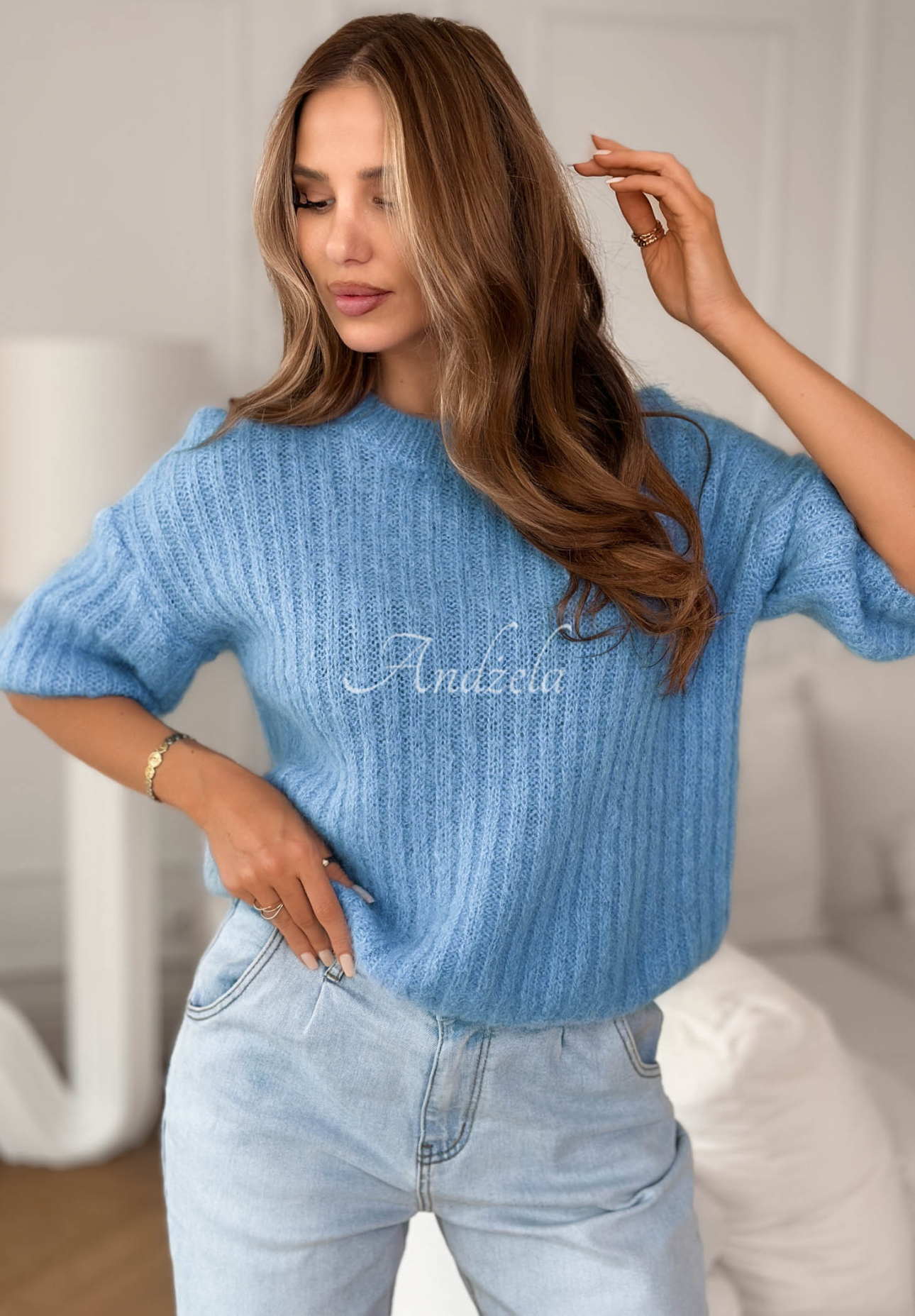 Mohair wool sweater On Airplane blue