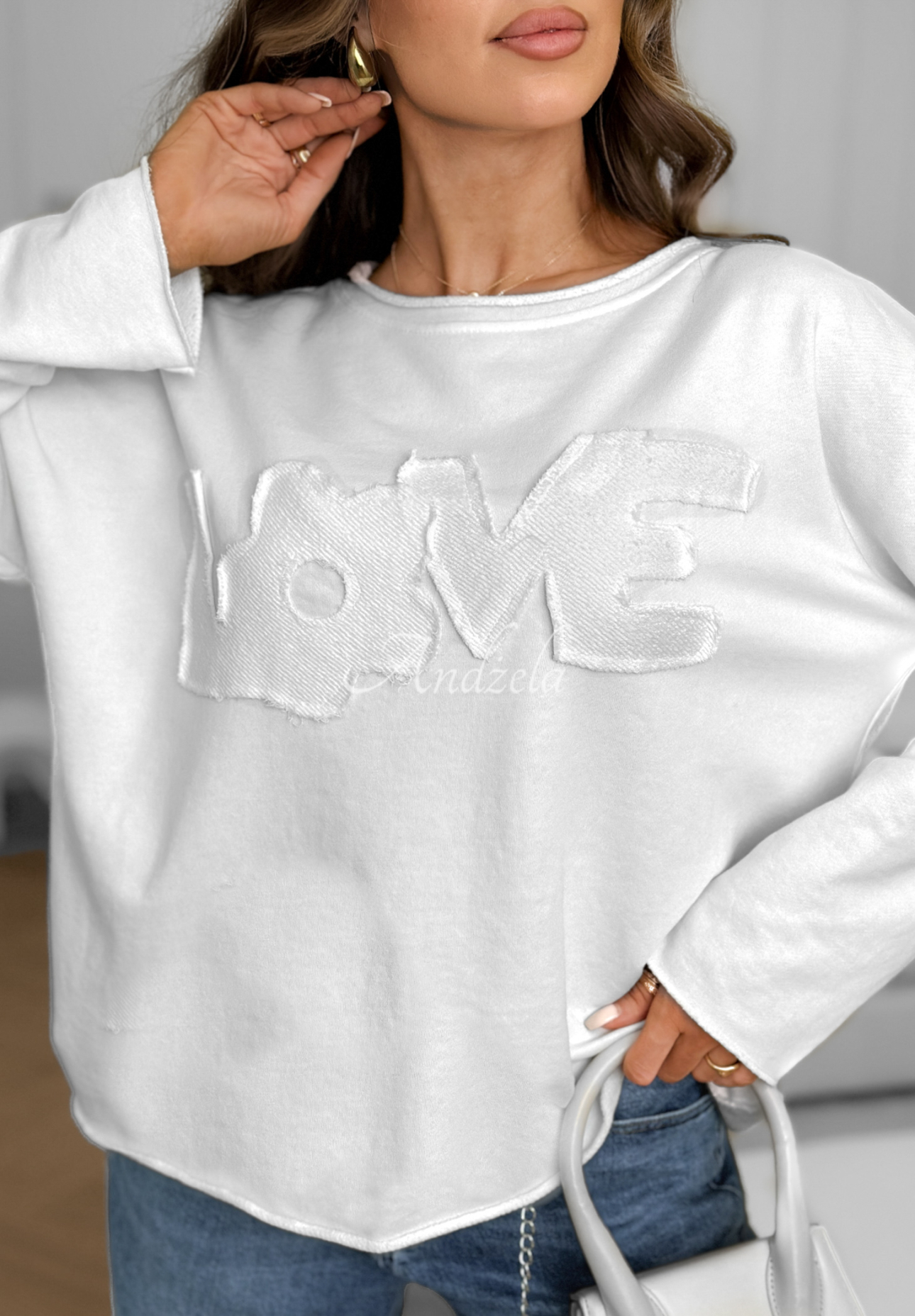 Baumwollbluse mit Aufschrift Flowers &amp; Love Weiß