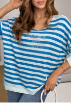 Lekki sweter w paski z ozdobną aplikacją Find Me There biało-niebieski