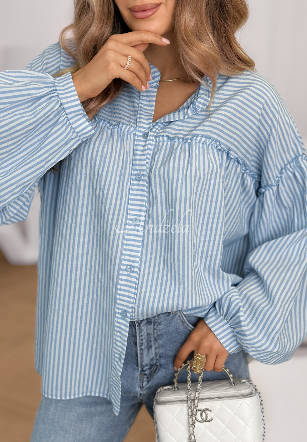 Pure Lines white and blue striped cotton shirt with puff sleeves